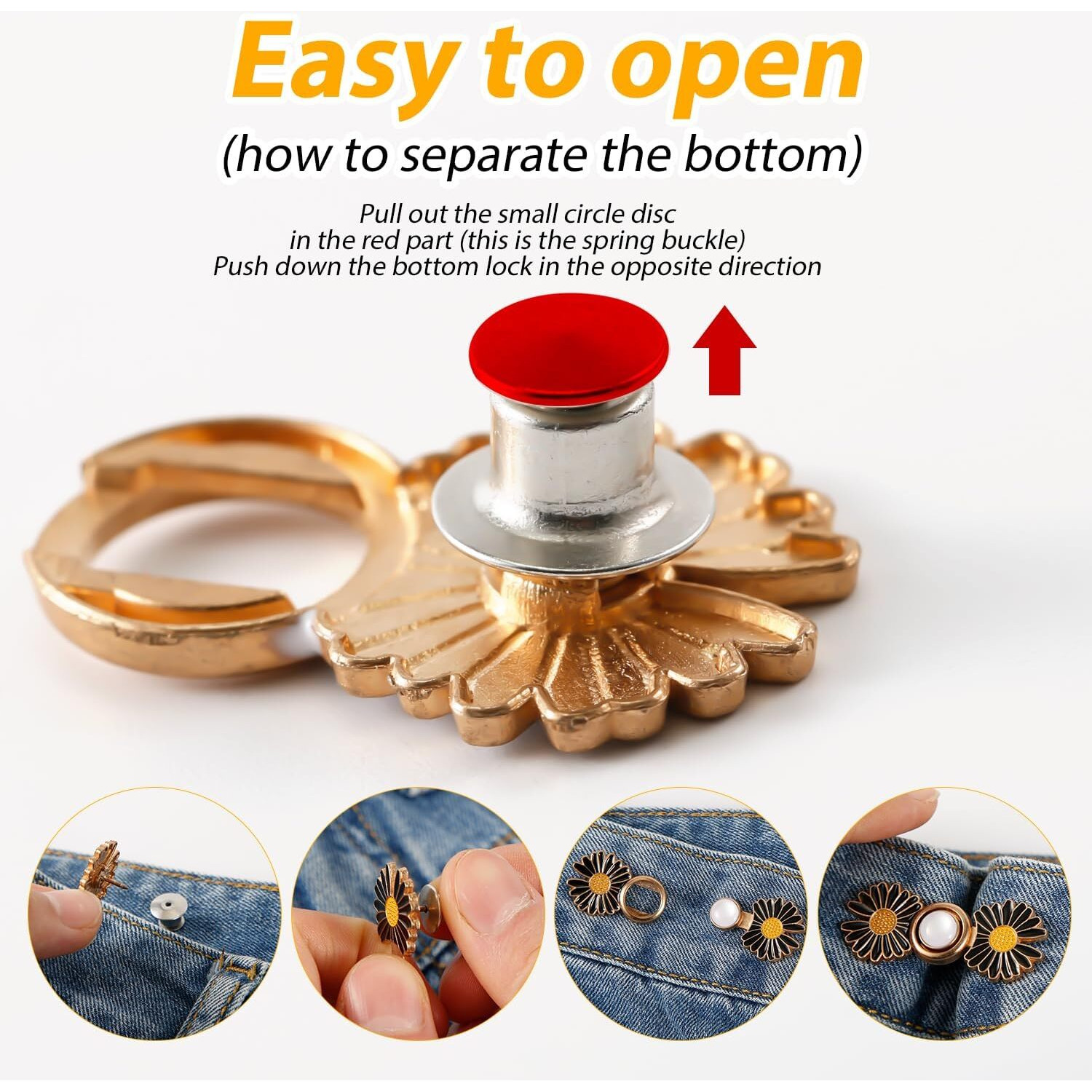 Zavasika Adjustable Jean Button, Pant Waist Tightener Pins, No Sew And No Tools Detachable Decorative Waist Buckle, Waist Adjustment Button Extender, Instant Clips For Loose Jeans Skirts (Gold, White Sun Flower Pack Of 3)