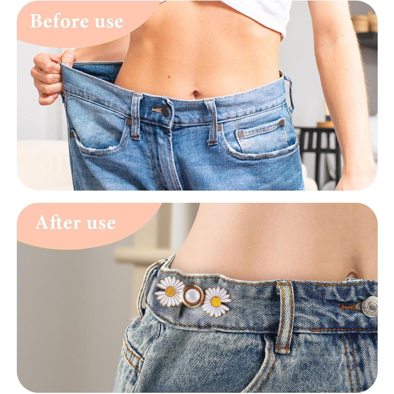 Zavasika Adjustable Jean Button, Pant Waist Tightener Pins, No Sew And No Tools Detachable Decorative Waist Buckle, Waist Adjustment Button Extender, Instant Clips For Loose Jeans Skirts (Gold, White Sun Flower Pack Of 3)