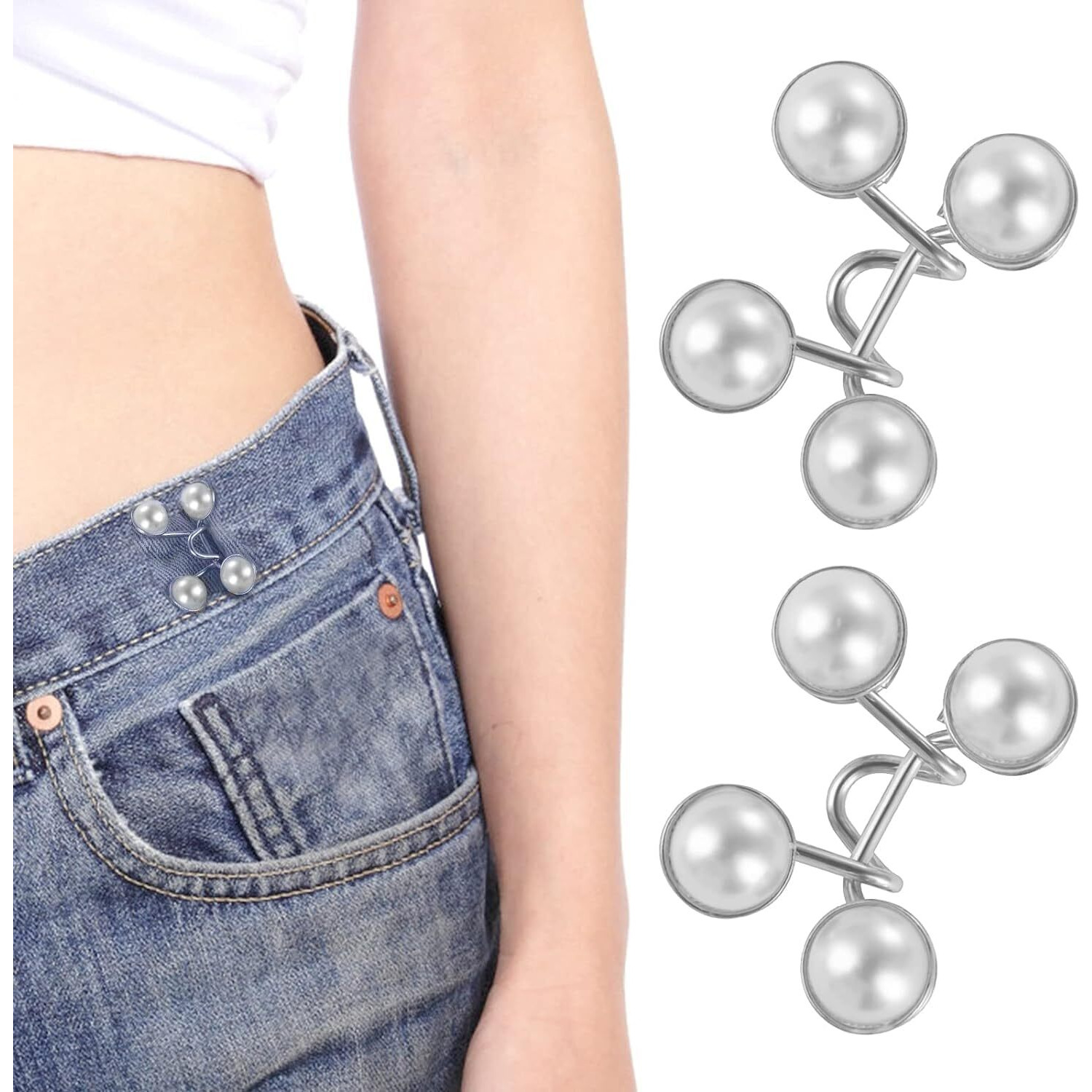 Buymz Adjustable Jean Button,2 Sets Jean Button Pins,Adjustable Waist Buckle Extender For Jeans,Waist Tightener Instant Clips For Loose Jeans Skirts(White Pearl) Jeans, Waist Tightener Clips For Loose Jeans, Pants, Skirts