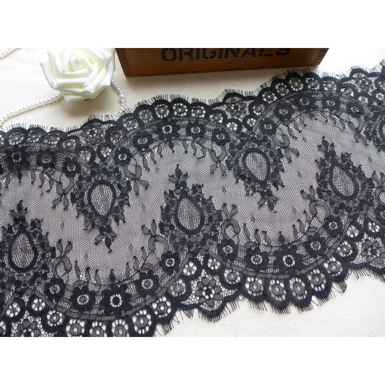 Orient Lace Craft Chantilly Lace Border| Net Scallop Lace White Nylon Floral Eyelash Lace Trim Ribbon Sewing Dress Skirt,Burkha, Decor Diy Handicrafts (Black)