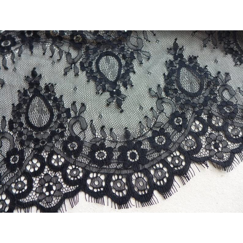 Orient Lace Craft Chantilly Lace Border| Net Scallop Lace White Nylon Floral Eyelash Lace Trim Ribbon Sewing Dress Skirt,Burkha, Decor Diy Handicrafts (Black)