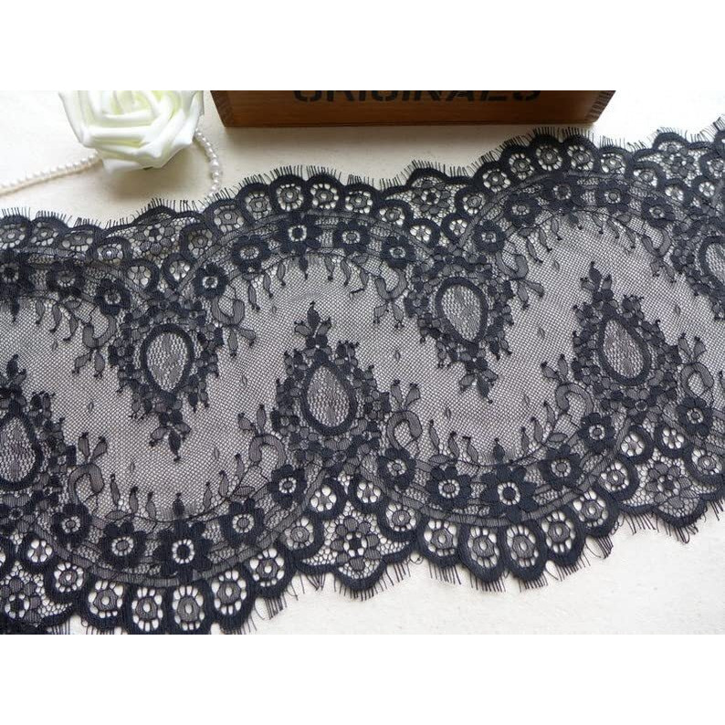 Orient Lace Craft Chantilly Lace Border| Net Scallop Lace White Nylon Floral Eyelash Lace Trim Ribbon Sewing Dress Skirt,Burkha, Decor Diy Handicrafts (Black)