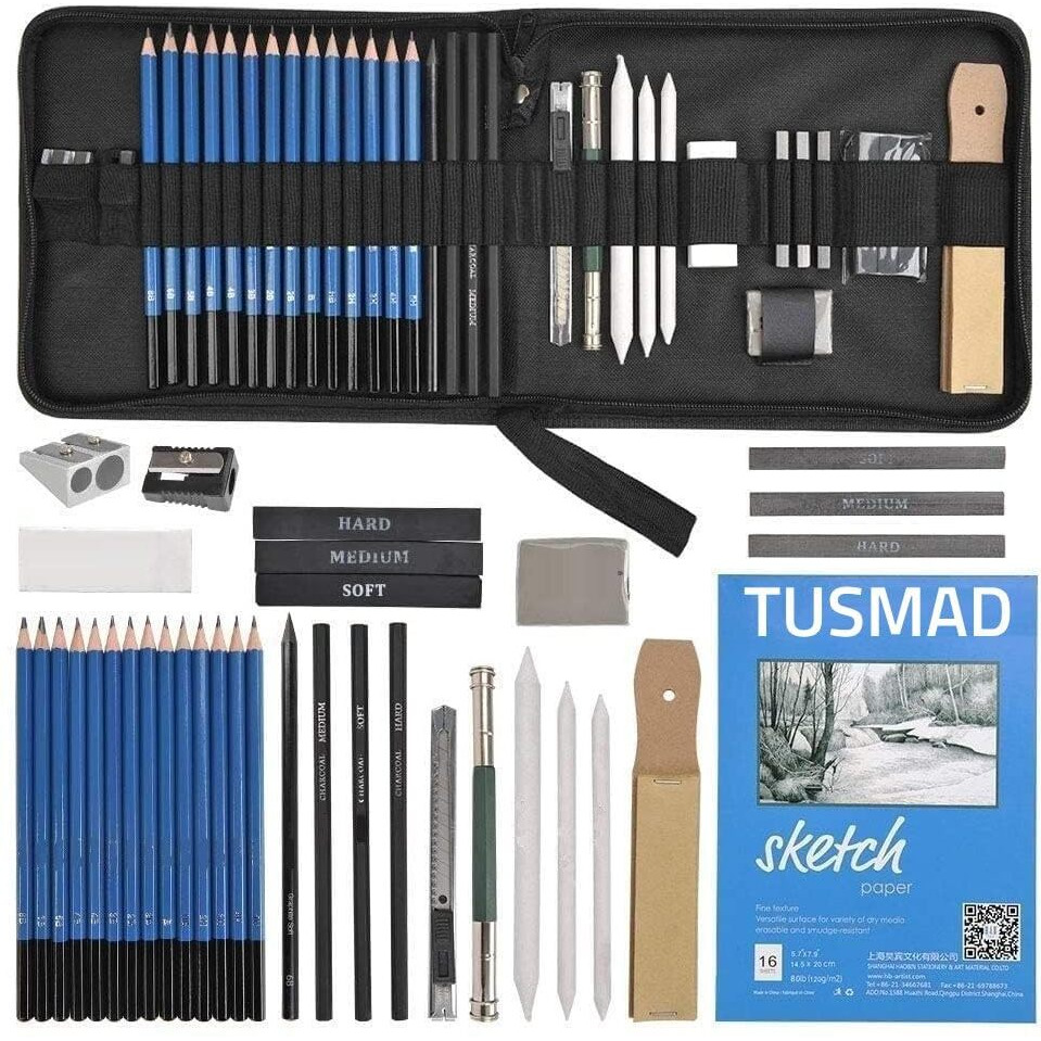 Tusmad 35 Pieces Professional Drawing Pencils Kit And Drawing Sketching Kit Charcoal Pencil Kit Graphite Pencil Charcoal Sticks Eraser Sketch Book Sketch Shading Pencils Wood & Other Tools For Artists