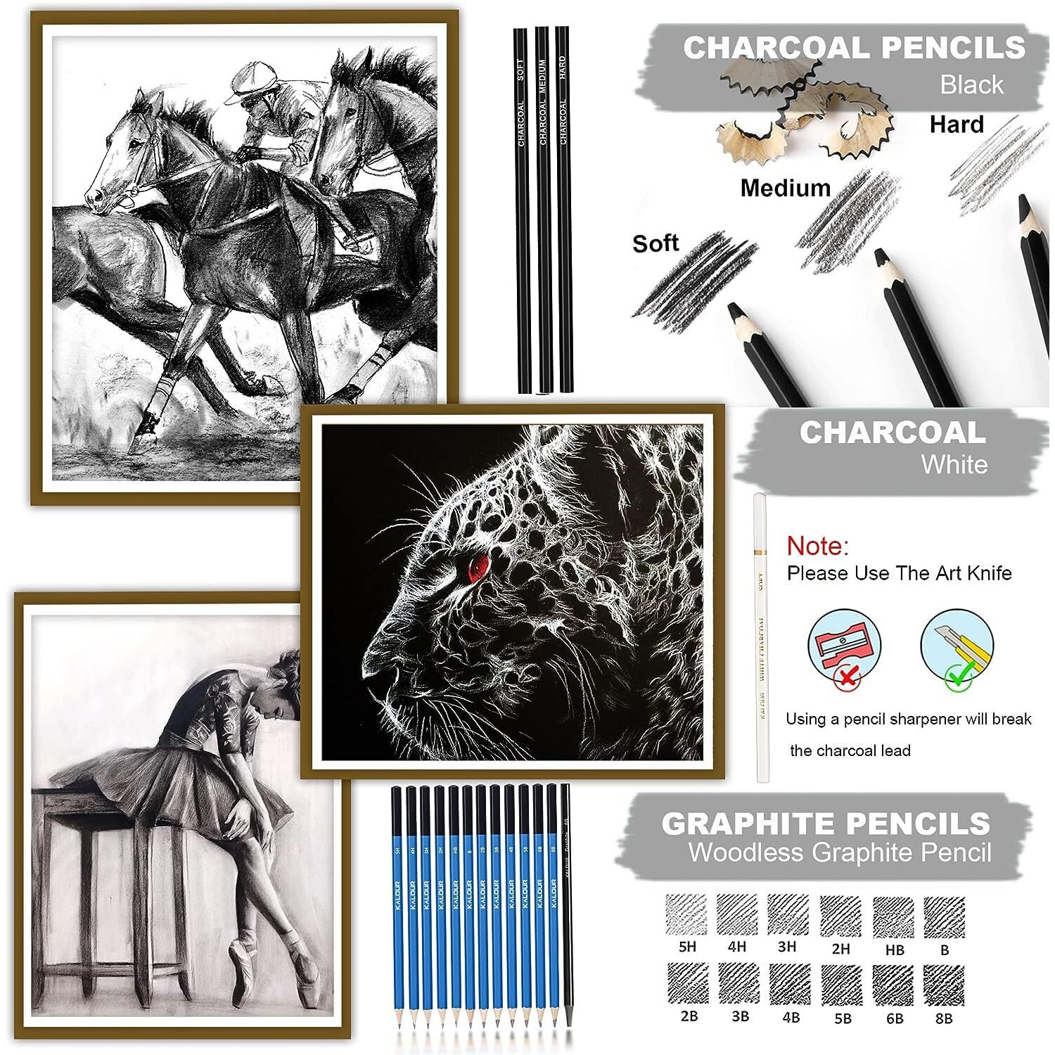Tusmad 35 Pieces Professional Drawing Pencils Kit And Drawing Sketching Kit Charcoal Pencil Kit Graphite Pencil Charcoal Sticks Eraser Sketch Book Sketch Shading Pencils Wood & Other Tools For Artists