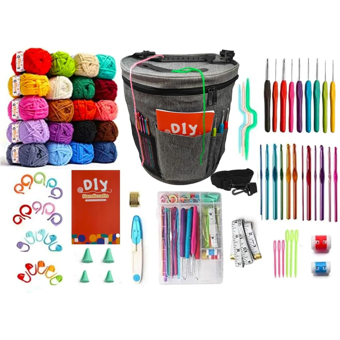 Tusmad Complete Crochet Kit For Beginners Adults And Kids - Make Amigurumi And Other Crocheting Kit Projects - Includes 20 Colors Crochet Yarn, Hooks, Book, Bag - Crochet Starter Kit For Beginners