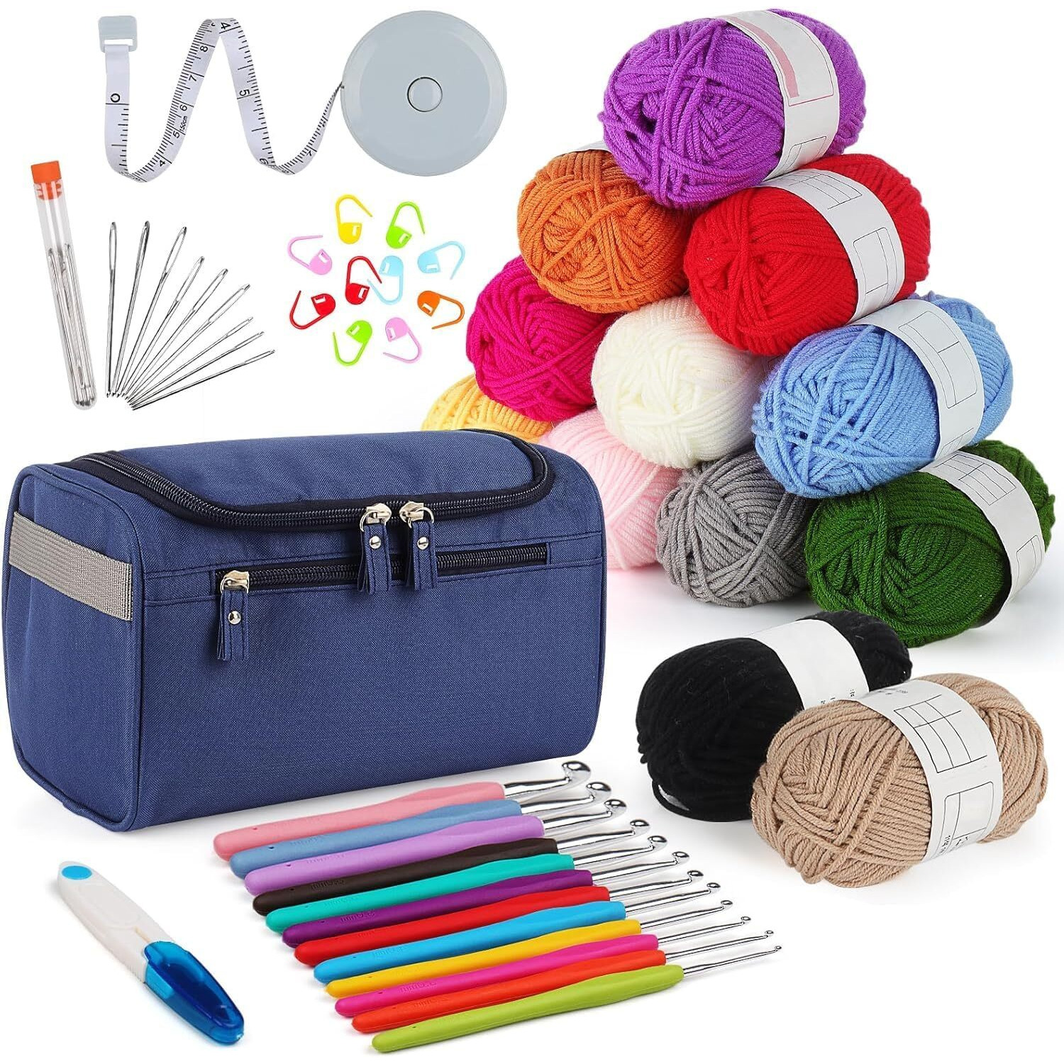 Alfa Mart 46 Pcs Crochet Kits For Beginners, All In One Crochet Kits With Crochet Yarn, Crochet Starter Kit Include 24 Colors Yarn Skeins Knitting Accessories For Adults Kids Beginner Craft