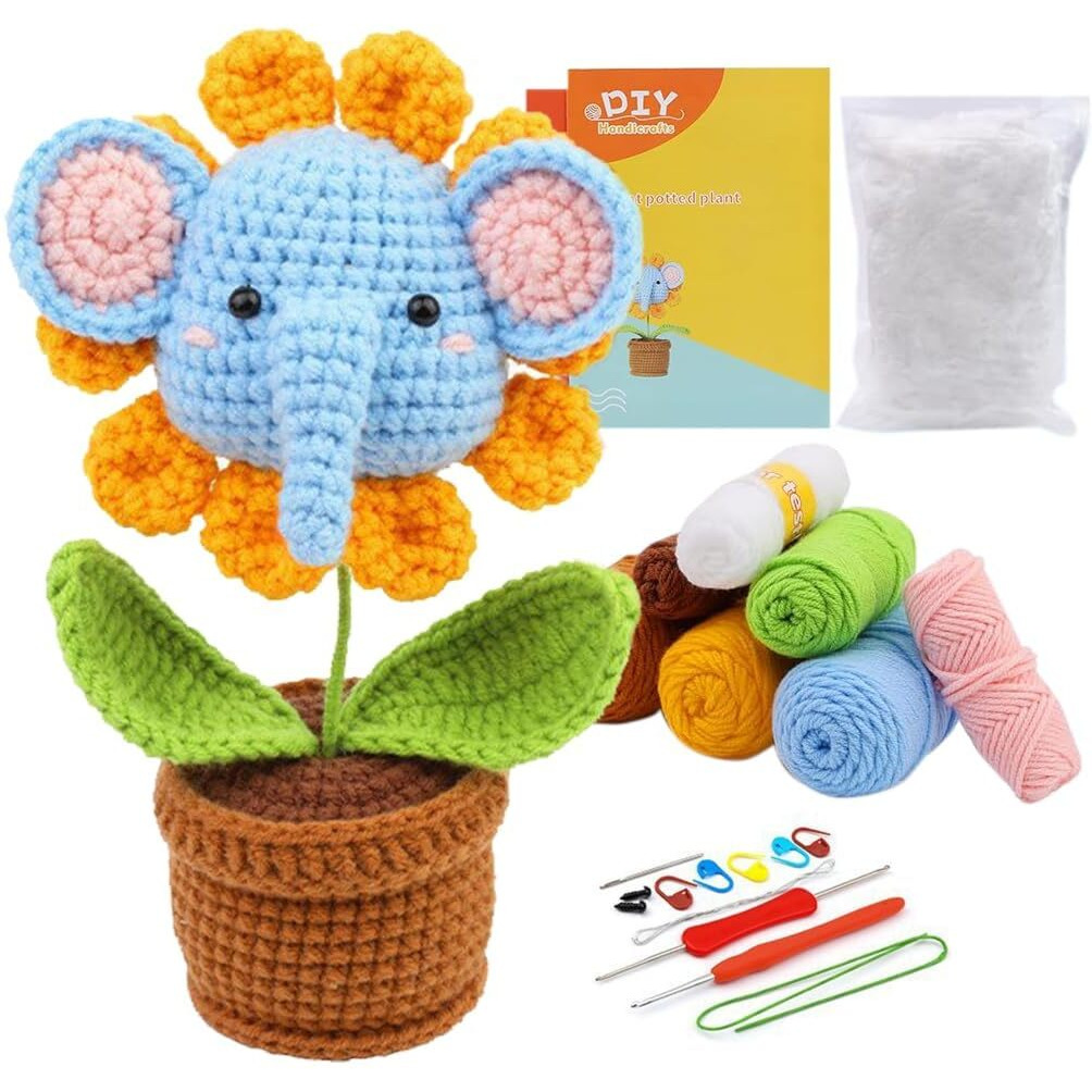 Tusmad Crochet Kit For Beginners Adults & Kids (13+) Elephant & Sunflower Complete Diy Craft Kit With Colorful Yarns, Ergonomic Hooks, Step-By-Step Video Guide  Perfect Beginner Toy Creation Gift