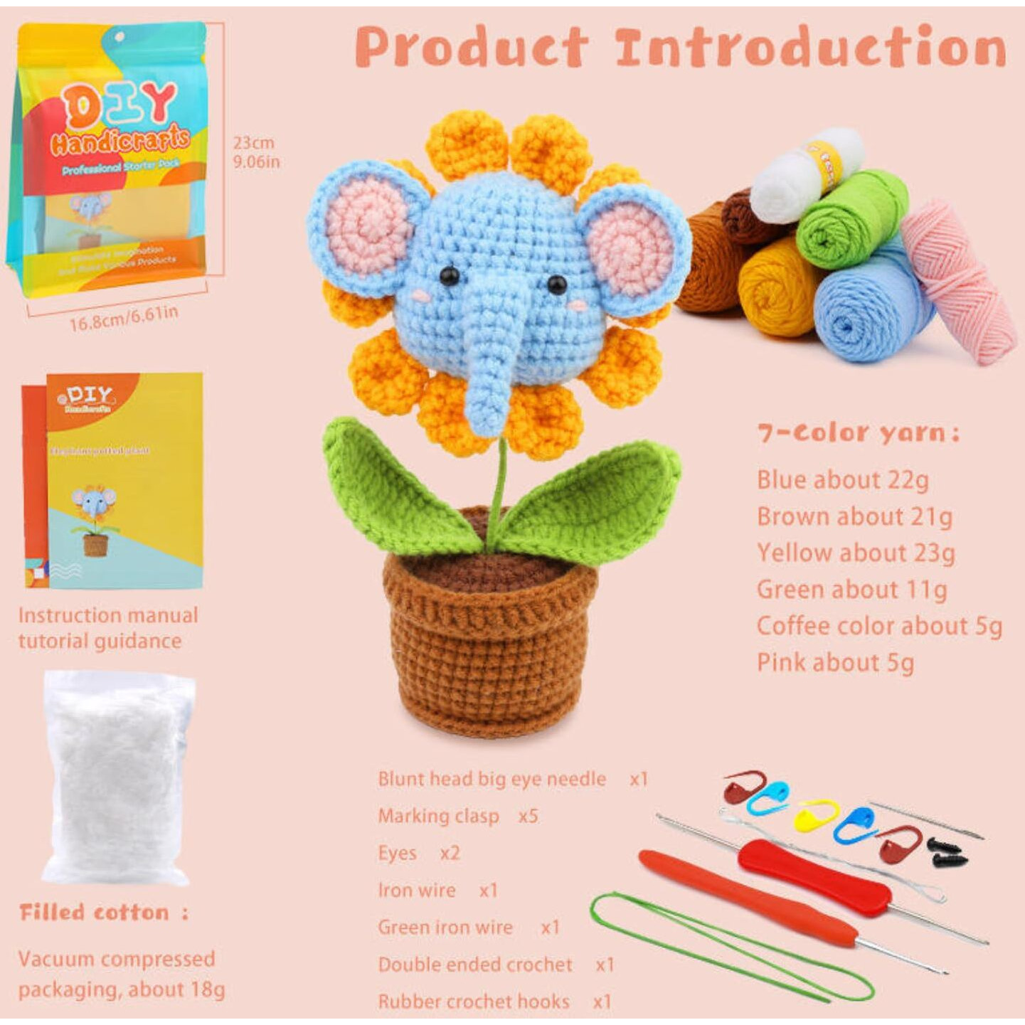 Tusmad Crochet Kit For Beginners Adults & Kids (13+) Elephant & Sunflower Complete Diy Craft Kit With Colorful Yarns, Ergonomic Hooks, Step-By-Step Video Guide  Perfect Beginner Toy Creation Gift