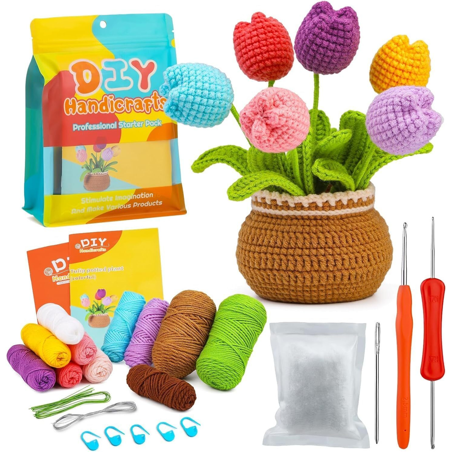 Tusmad Crochet Kit For Beginners  8 Tulip Flower Crochet Kit For Adults, Complete Knitting Set With Yarn, Crochet Accessories, Polyester Fiber & Step-By-Step Video Tutorials  Diy Craft Gift