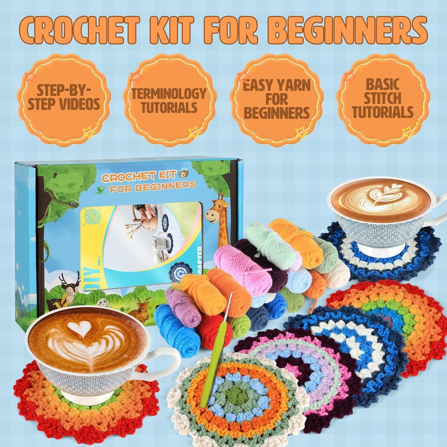 Tusmad 4Pcs Diy Floral Crocheting Coasters Material Kit With Ergonomic Hooks, Vibrant Yarns, Needle & Step-By-Step Guide - Decorative & Functional Tea Coasters Ergonomic Hooks, Vibrant Yarns,