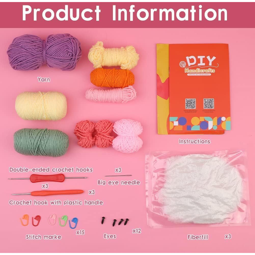 Tusmad Beginners Crochet Kit, Crochet Animal Kit, Knitting Kit With Yarn, Polyester Fiber, Crochet Hooks, Step-By-Step Instructions Video, Crochet Starter Kit For Beginner Diy Craft Art Pack 3 (3 Colors Dinosaur)