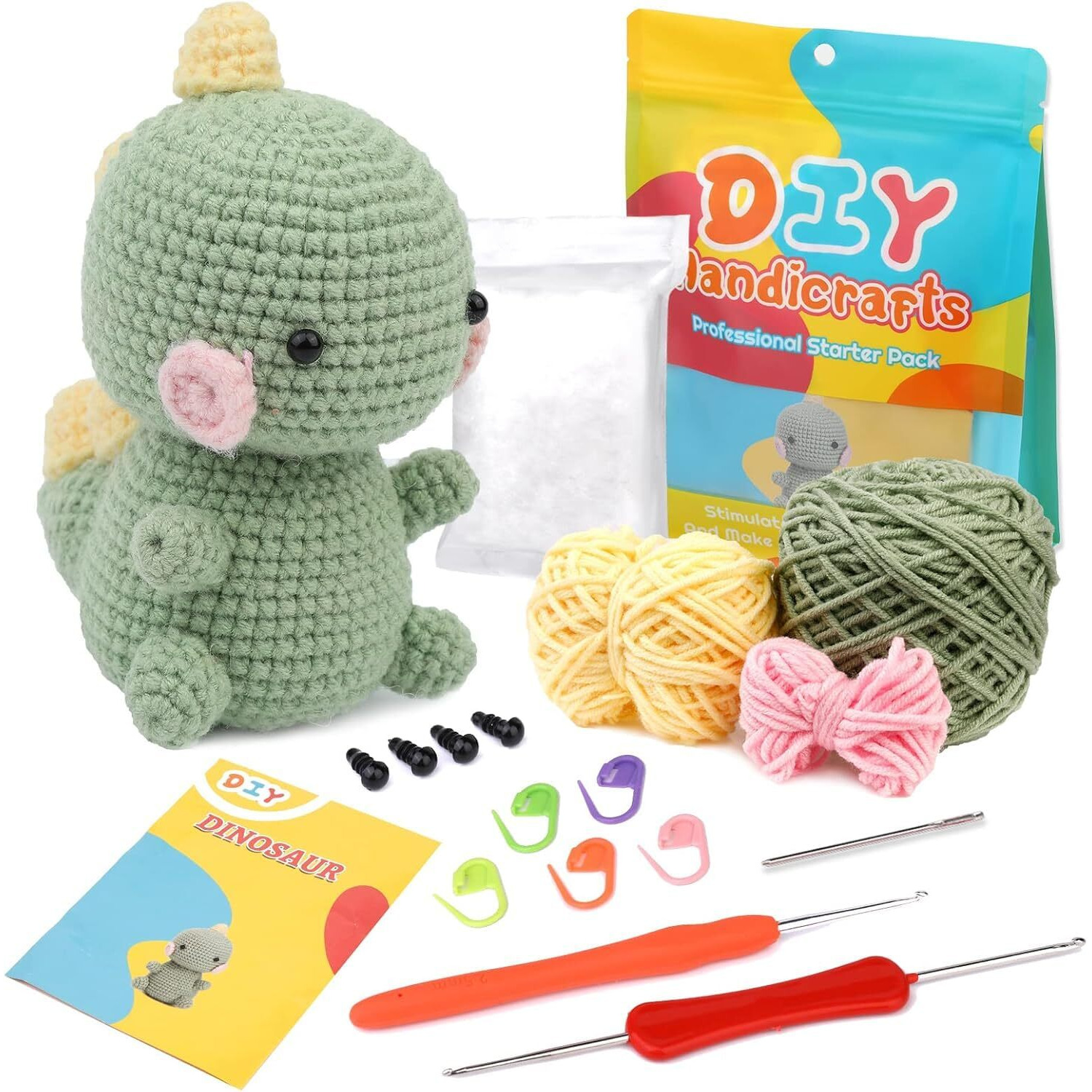 Tusmad Beginners Crochet Kit  Diy Crochet Animal Set With Yarn, Hooks, Polyester Fiber & Step-By-Step Video Instructions  Includes Dinosaur Patterns  Perfect Craft Starter Kit For Kids & Adults (3 Colors Dinosaur)