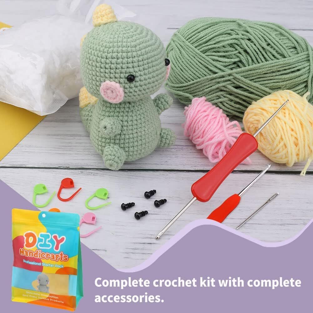 Tusmad Beginners Crochet Kit  Diy Crochet Animal Set With Yarn, Hooks, Polyester Fiber & Step-By-Step Video Instructions  Includes Dinosaur Patterns  Perfect Craft Starter Kit For Kids & Adults (3 Colors Dinosaur)