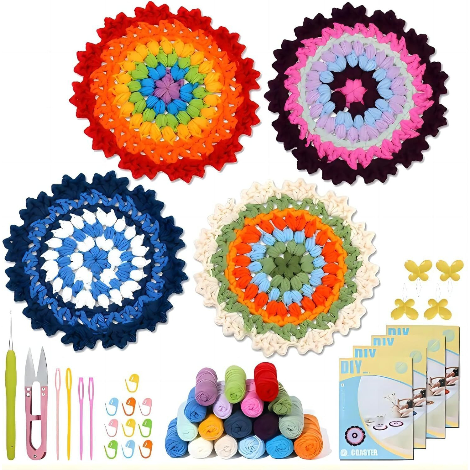 Alfa Mart Crochet Kit For Beginners, 4 Pack Coasters Crochet Starter Kit With Instructions And Video Tutorials, Easy To Learn Crochet Kits For Adults, Knitting Kit For Beginner Diy Craft