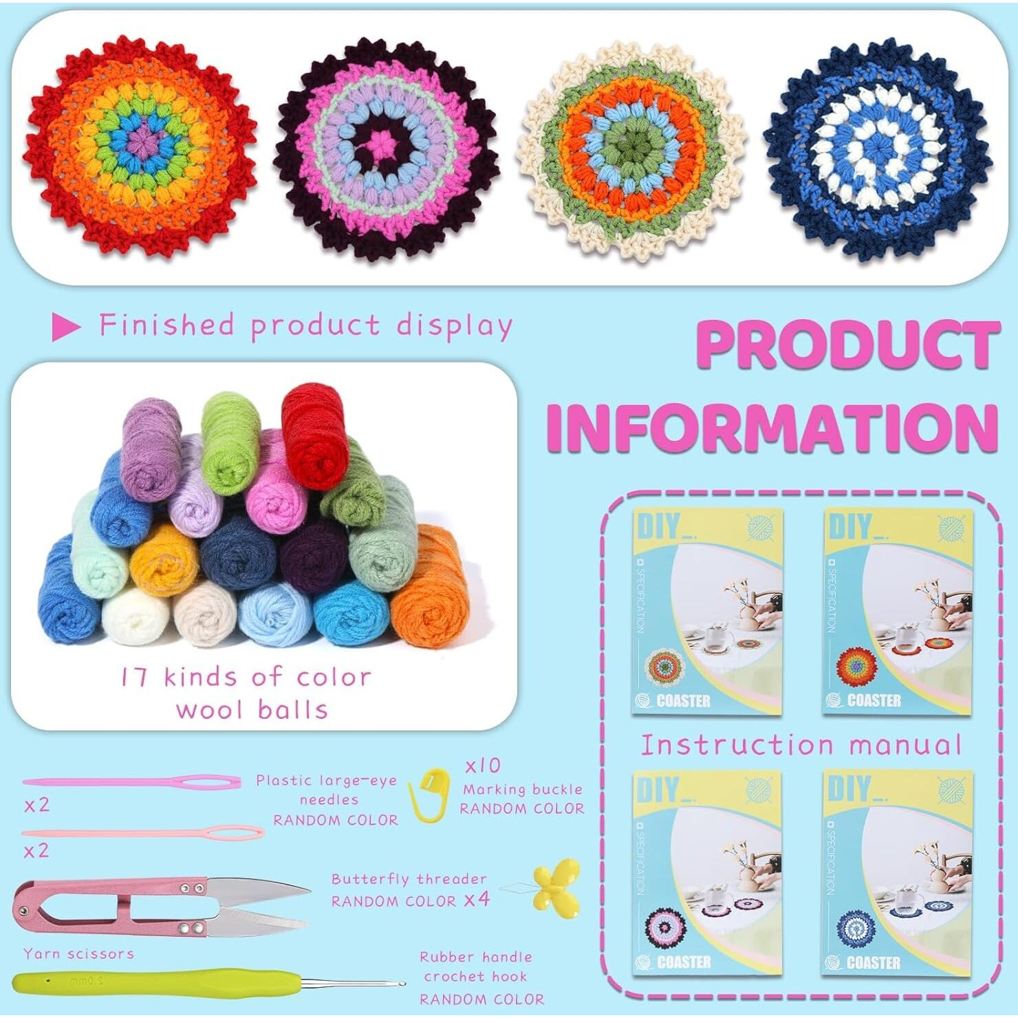 Alfa Mart Crochet Kit For Beginners, 4 Pack Coasters Crochet Starter Kit With Instructions And Video Tutorials, Easy To Learn Crochet Kits For Adults, Knitting Kit For Beginner Diy Craft