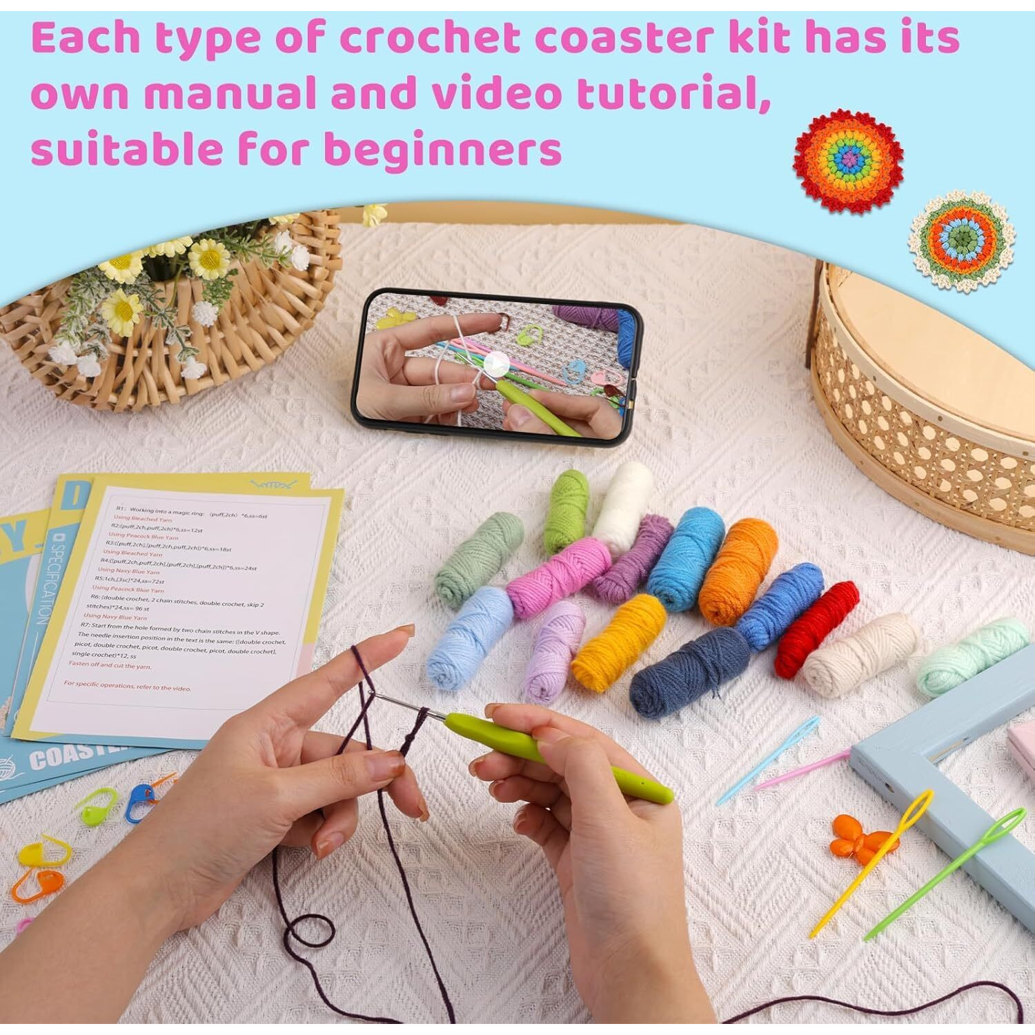 Alfa Mart Crochet Kit For Beginners, 4 Pack Coasters Crochet Starter Kit With Instructions And Video Tutorials, Easy To Learn Crochet Kits For Adults, Knitting Kit For Beginner Diy Craft