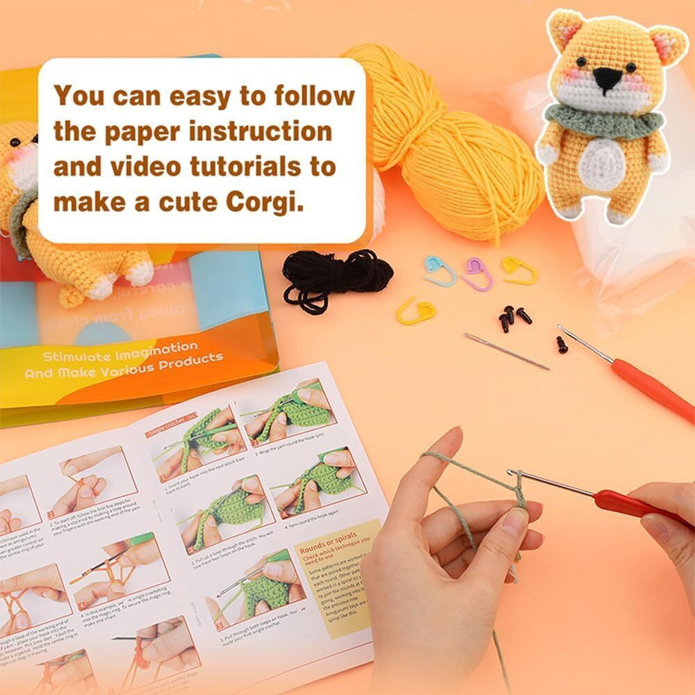 Alfa Mart Crochet Kit For BeginnersCrochet Kits Kit With Step-By-Step Video Tutorials, Crochet Animal Kit, Learn To Crochet Starter For Adults And Kids, Diy Knitting Supplies (Corgi)