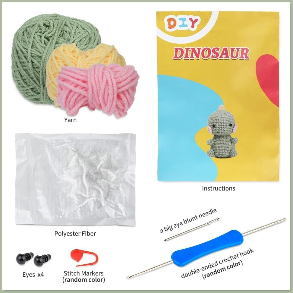 Alfa Mart Beginners Crochet Kit, Crochet Animal Kit, Knitting Kit With Yarn, Polyester Fiber, Crochet Hooks, Step-By-Step Instructions Video, Crochet Starter Kit For Beginner Diy Craft Art ( 3 Colors Dinosaur) Pack 3