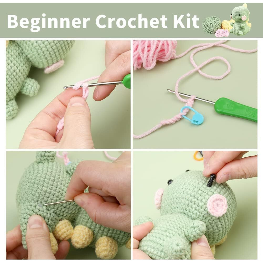 Alfa Mart Beginners Crochet Kit, Crochet Animal Kit, Knitting Kit With Yarn, Polyester Fiber, Crochet Hooks, Step-By-Step Instructions Video, Crochet Starter Kit For Beginner Diy Craft Art ( 3 Colors Dinosaur) Pack 3