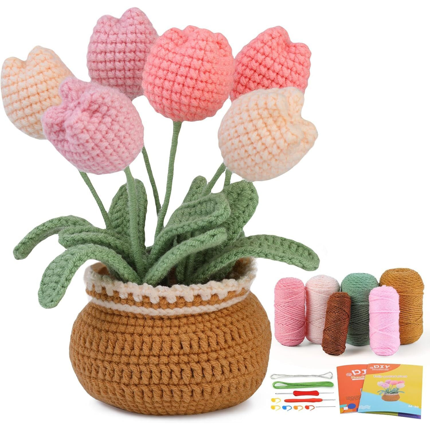 Alfa Mart Crochet Kit For Beginners,Crochet Kits For Adults, Crocheting Knitting Kit, Flower Crochet Kit Includes Crochet Accessories And Step-By-Step Video Tutorials Complete Knitting Kit With Yarn, Polyester Fiber, Diy Craft Gift (8 Tulip)