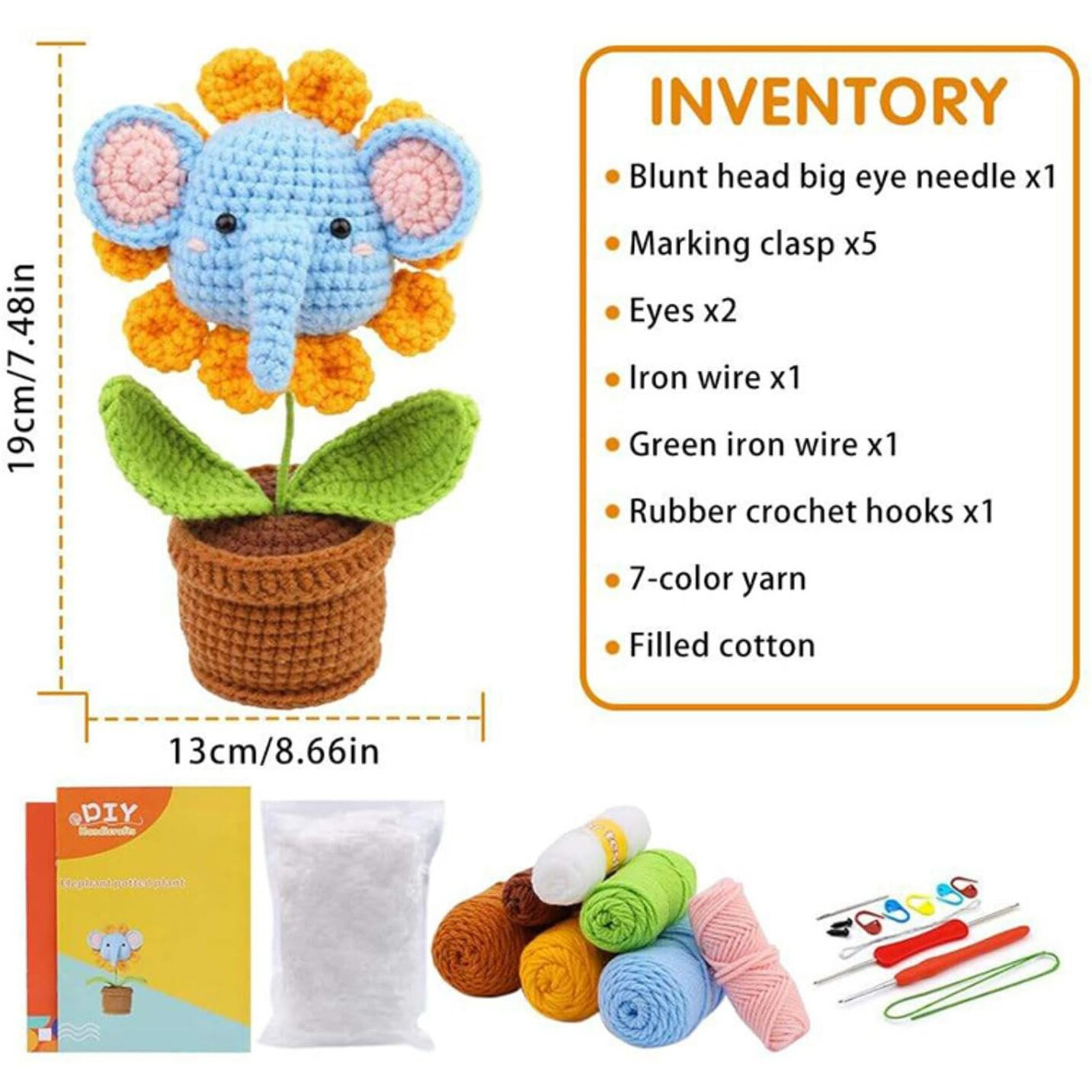 Alfa Mart Crochet Kit For Beginners With Step-By-Step Video Tutorials, Beginner Diy Craft Set, Diy Knitting Supplies Gift Beginner Crochet Kit Adults And Kids (13+) Complete Kit Toy Creation Set With Colorful Yarns, Ergonomic Hooks, Easy Video Guide (Elephant Sunflower)