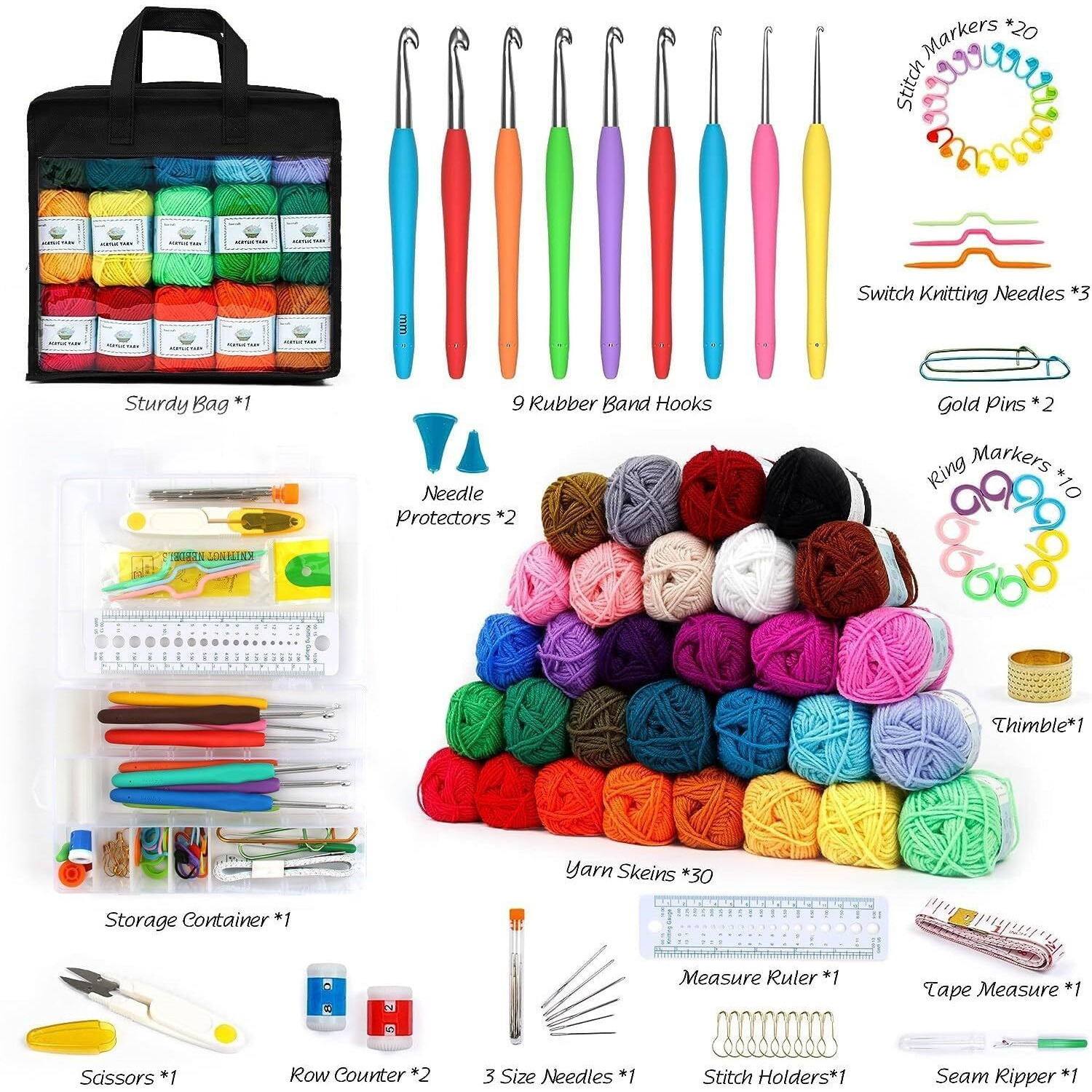 Tusmad 113 Piece Crochet With Yarn Set1600 Yards Assorted Yarn 73Pcs Crochet Accessories Set Including Ergonomic Hooks, Knitting Needles & More Ideal Beginner Kit Crochet Kit With Hooks Yarn Set,
