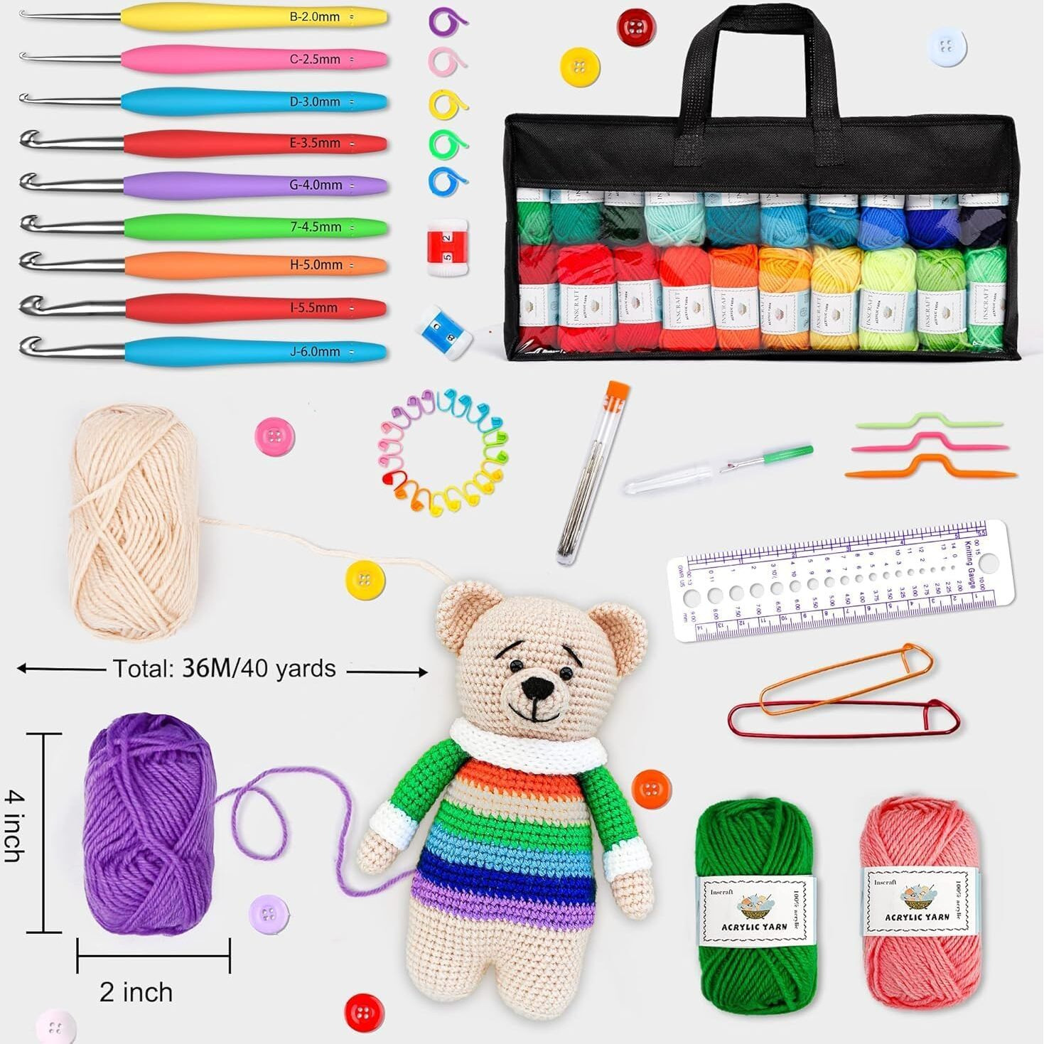 Tusmad 113 Piece Crochet With Yarn Set1600 Yards Assorted Yarn 73Pcs Crochet Accessories Set Including Ergonomic Hooks, Knitting Needles & More Ideal Beginner Kit Crochet Kit With Hooks Yarn Set,