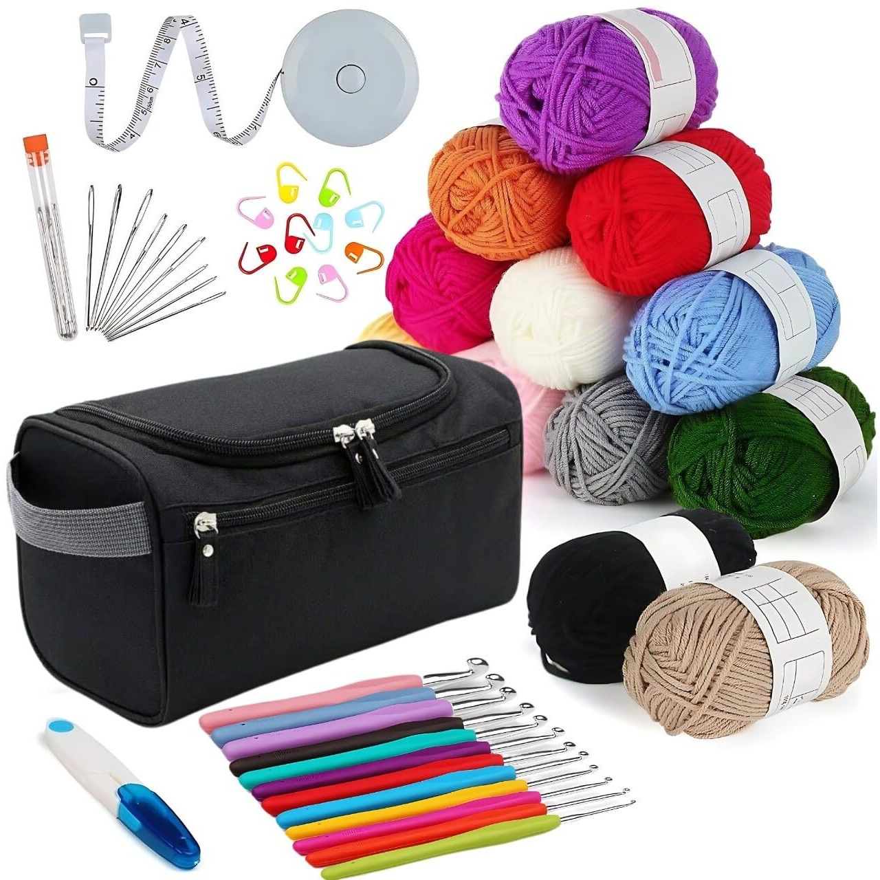 Tusmad 46 Pcs Crochet Kits For Beginners, All In One Crochet Kits With Crochet, 10 Size Ergonomic Crochet Hooks 2.0Mm~6.5Mm, 1 Yarn Storage Bag, 12 Colors Yarn, Full Set Of Knitting Accessories