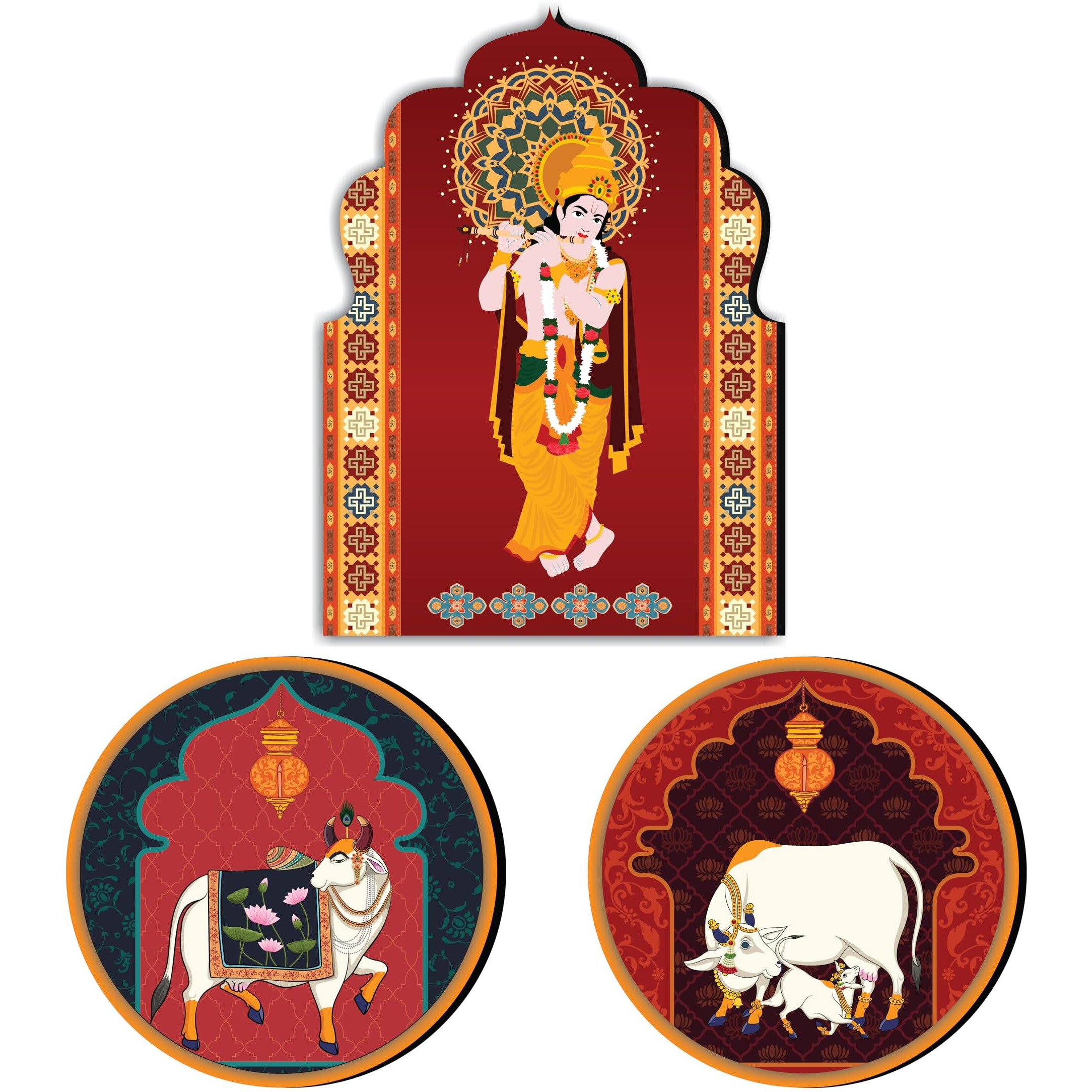 Giftplease Elegant Wall Decoration Art - Handcrafted Shree Krishna Spiritual Wooden Decor Piece (Set Of 3 | Pattern-05)