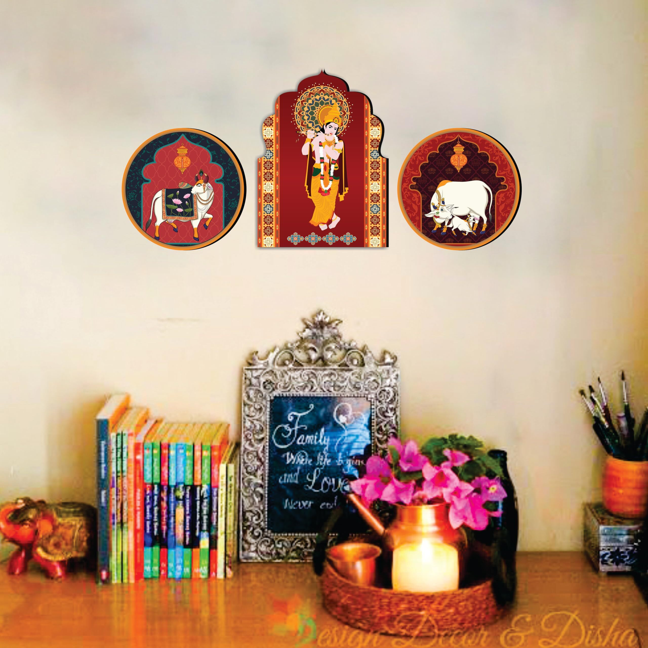 Giftplease Elegant Wall Decoration Art - Handcrafted Shree Krishna Spiritual Wooden Decor Piece (Set Of 3 | Pattern-05)