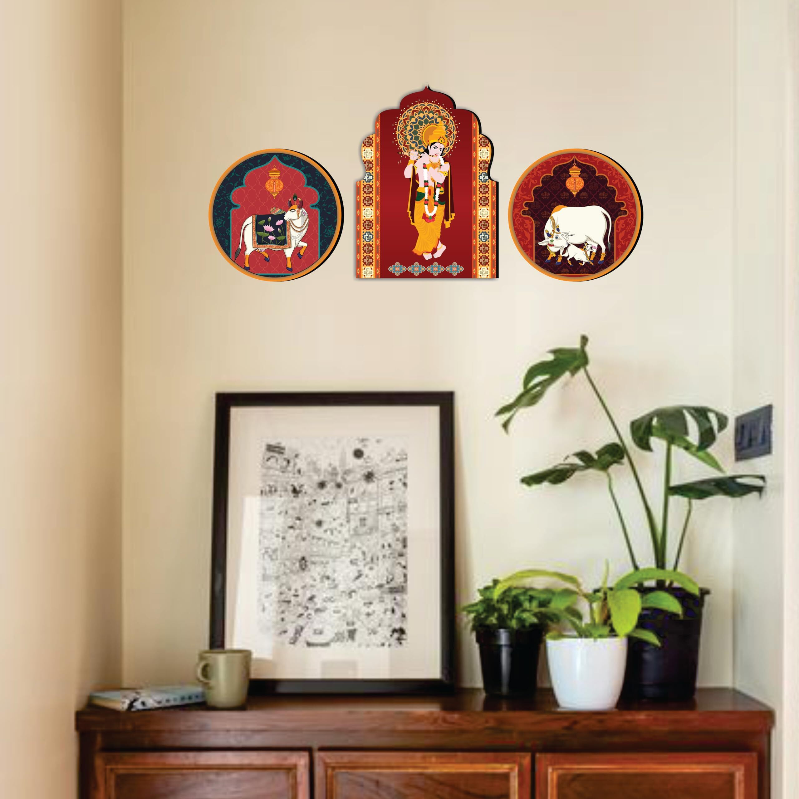Giftplease Elegant Wall Decoration Art - Handcrafted Shree Krishna Spiritual Wooden Decor Piece (Set Of 3 | Pattern-05)