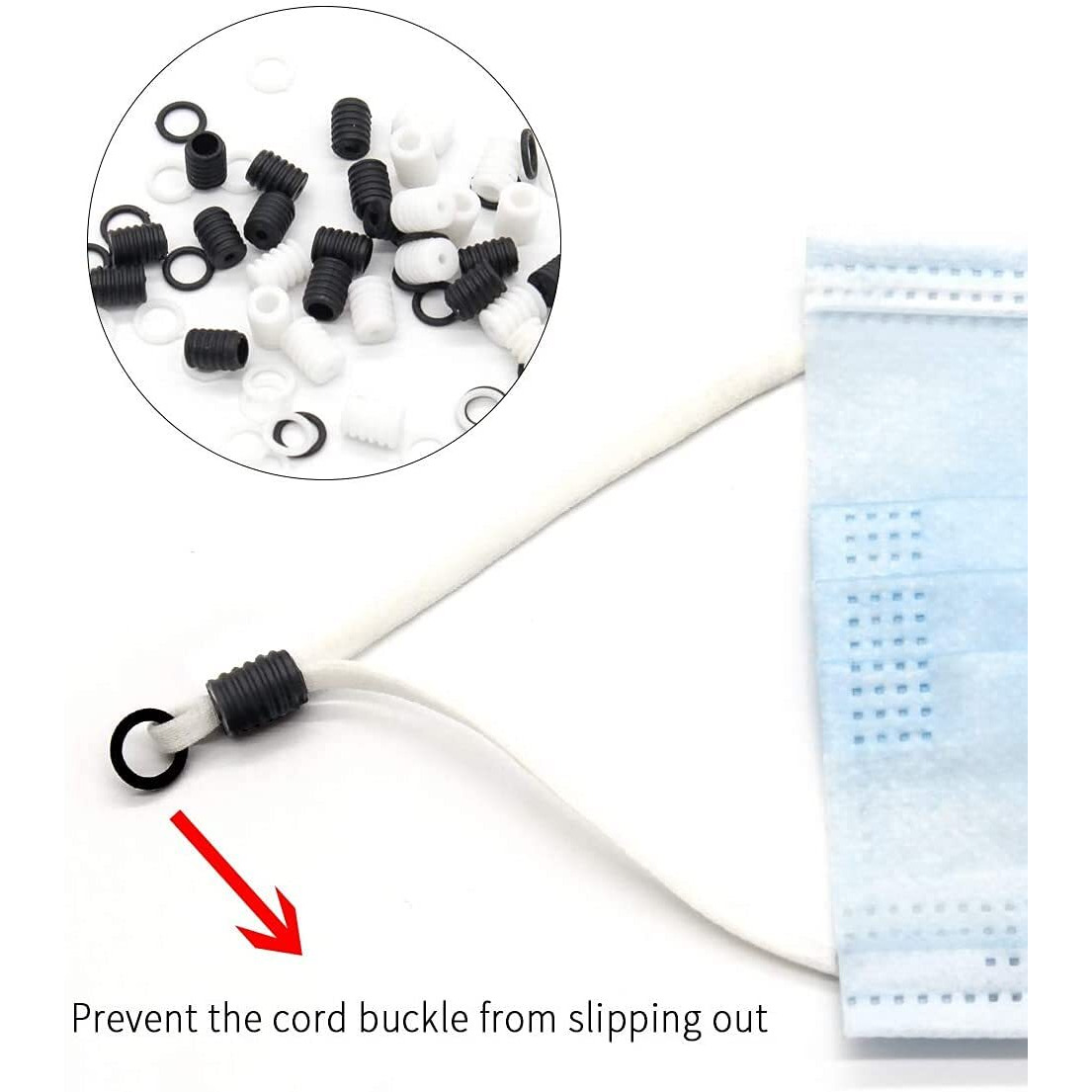 Aakriti 100Pcs Cord Locks Toggles And 100Pcs Plastic Rings White | Elastic Cord Lock For Mask Adjuster Lanyard Cord Round Buckles Non Slip Stopper Adjustment Accessories For Mask Diy Sewing (White)