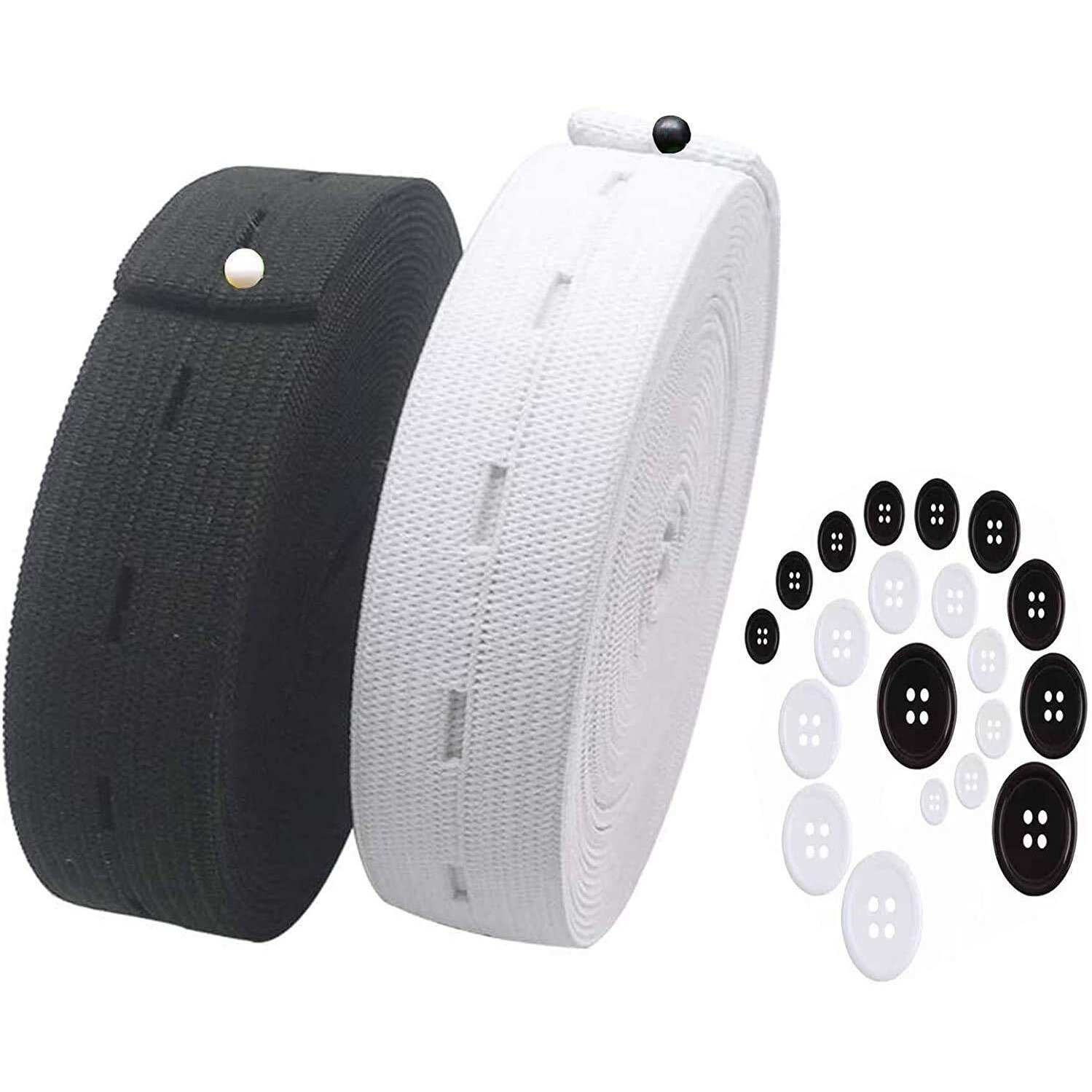 Aakriti 3/4-Inch Elastic Flatback Black And White Sewing Bands Spool With Buttonhole Elastic Flat Elastic Cord With10Pcs Buttons Elastic 5 Mtr White 5 Mtr Blk