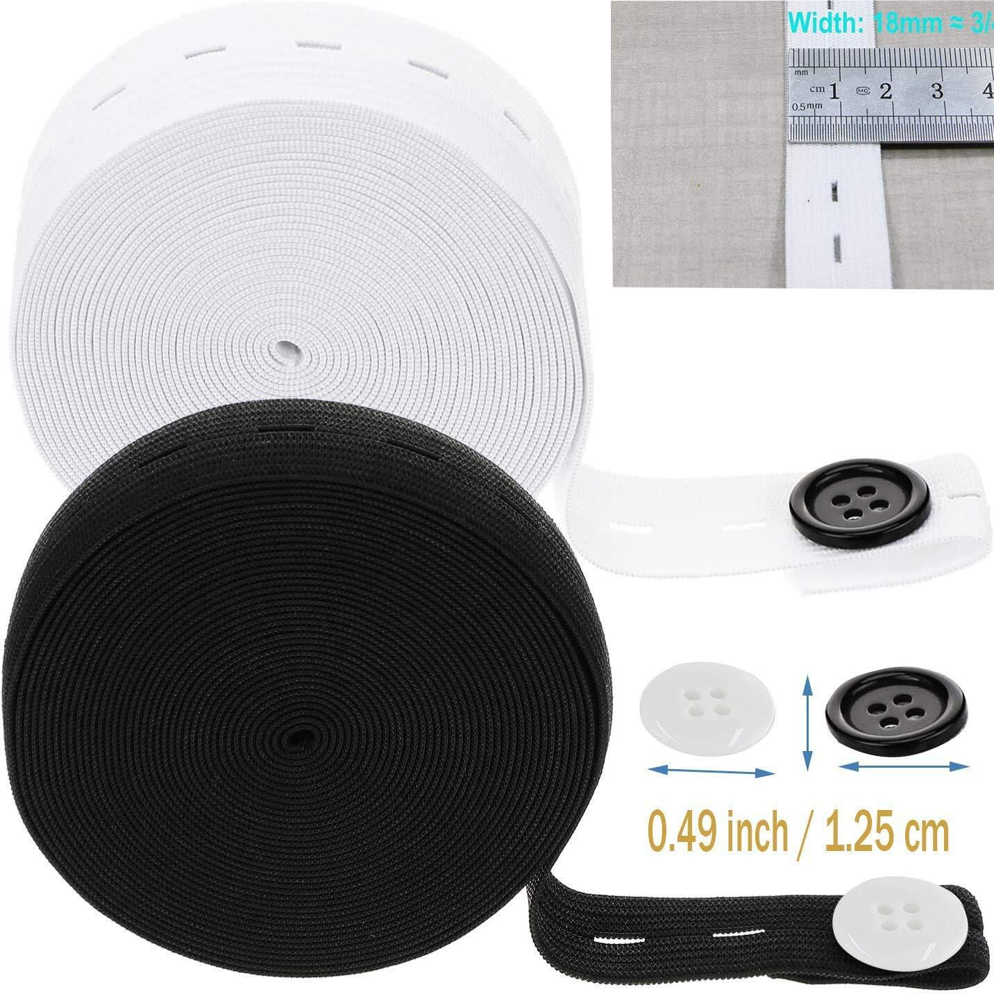 Aakriti 3/4-Inch Elastic Flatback Black And White Sewing Bands Spool With Buttonhole Elastic Flat Elastic Cord With10Pcs Buttons Elastic 5 Mtr White 5 Mtr Blk