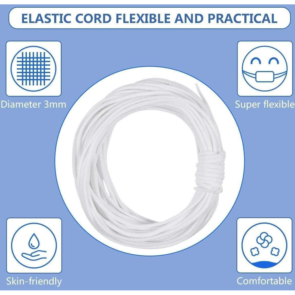 Aakriti Elastic Cord Round Stretchy Ear Loop Strap String Sewing For Comfortable Ear Tie Handmade Rope For Crafts Diy Mask Making (White, 3Mm, Length 200Meter)