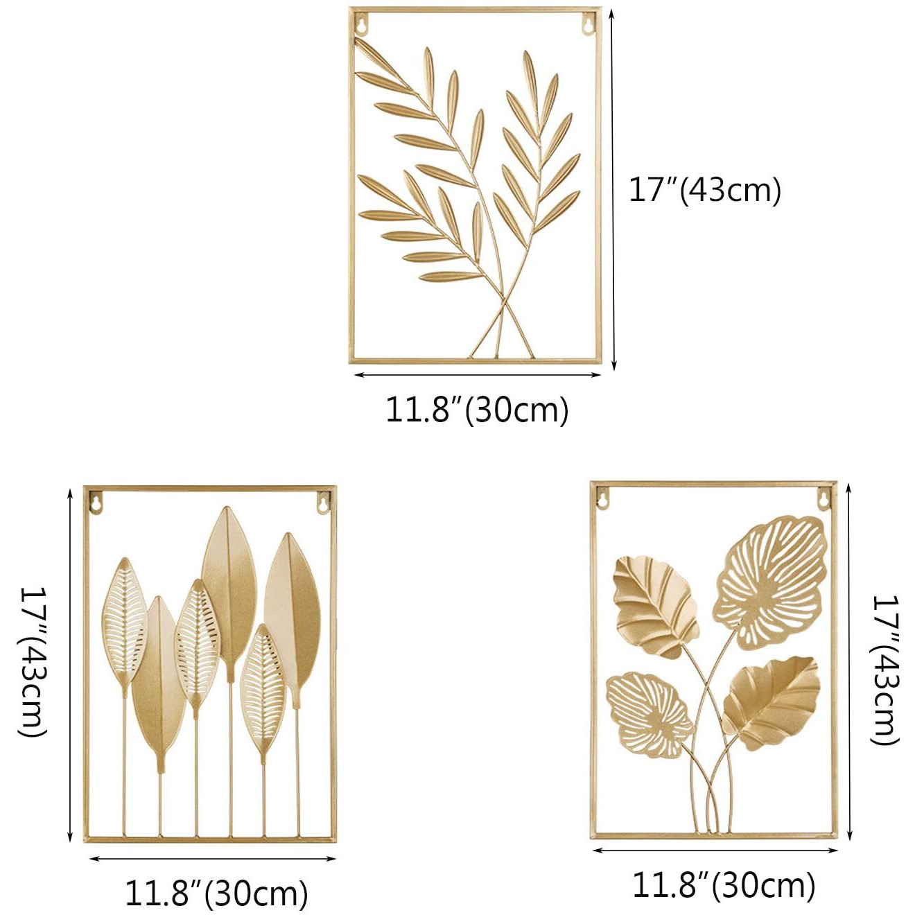 Wanlian Gold Metal Wall Decor Set Of 3 Metal Leaves Wall Hanging Decor Gold Wall Art Decor Wall Sculpture, Metal Wall Art For Living Room Bedroom Home Office (17&quotX11.8") (Gold)