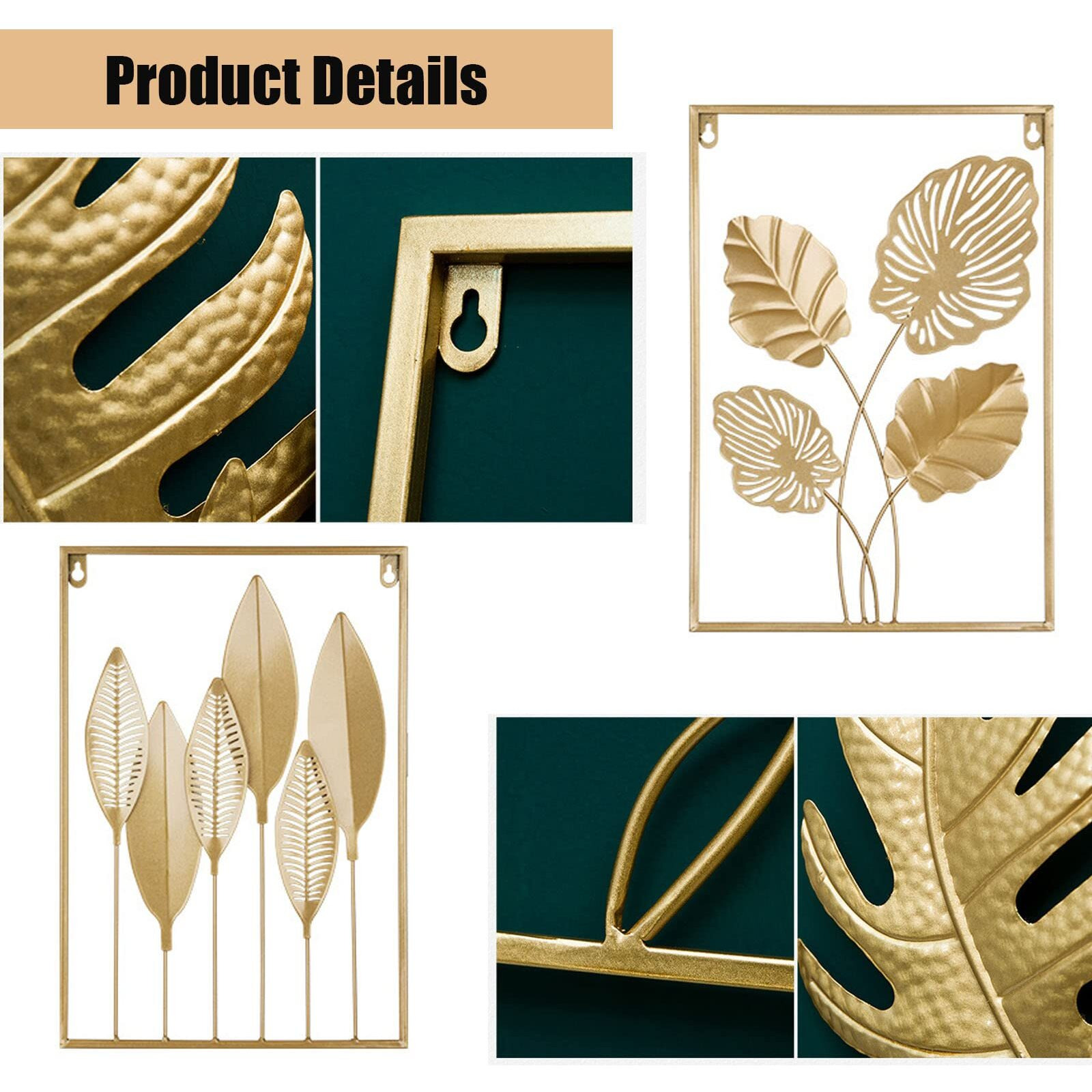 Wanlian Gold Metal Wall Decor Set Of 3 Metal Leaves Wall Hanging Decor Gold Wall Art Decor Wall Sculpture, Metal Wall Art For Living Room Bedroom Home Office (17&quotX11.8") (Gold)
