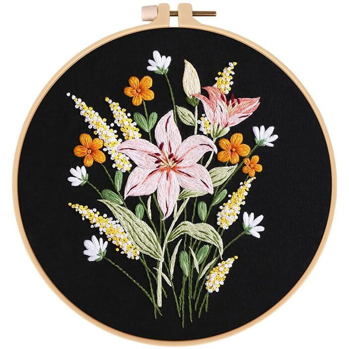 Topprosper Fabric Embroidery Starter Kit With Pattern And Instructions, Cross Stitch Set, Stamped Kits Clothes Pattern, 1 Hoops (Black)