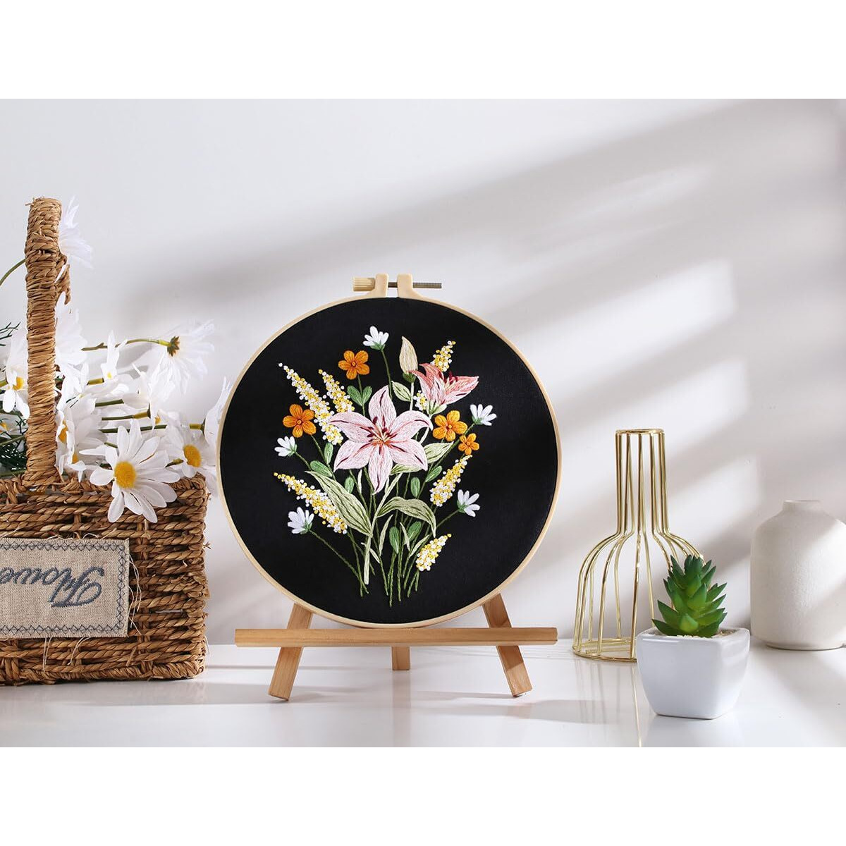 Topprosper Fabric Embroidery Starter Kit With Pattern And Instructions, Cross Stitch Set, Stamped Kits Clothes Pattern, 1 Hoops (Black)