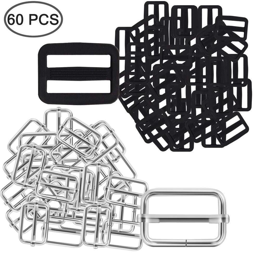 Diy Crafts 1" Inch Metal & Plastic Tri-Glides Rectangle Adjustable Webbing Slider (60X Metal 30+30 Nylon 30 4, Pack Of 60 Pcs)