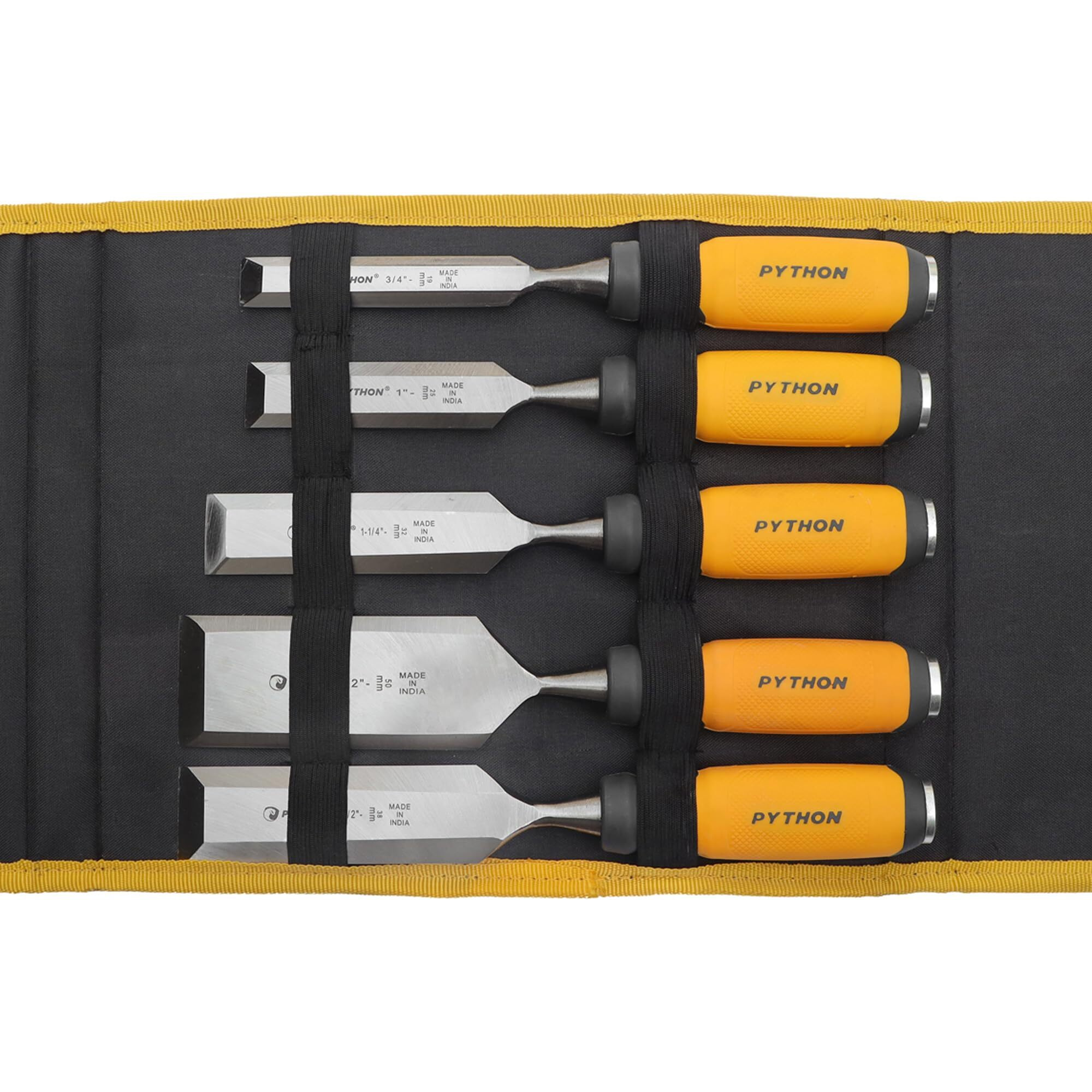 Python Pro 5-Piece Roll Pouch Wood Chisel Carving Carpenter Set (12Mm, 19Mm, 25Mm, 32Mm, 38Mm) Alongwith Sharpening Stone.