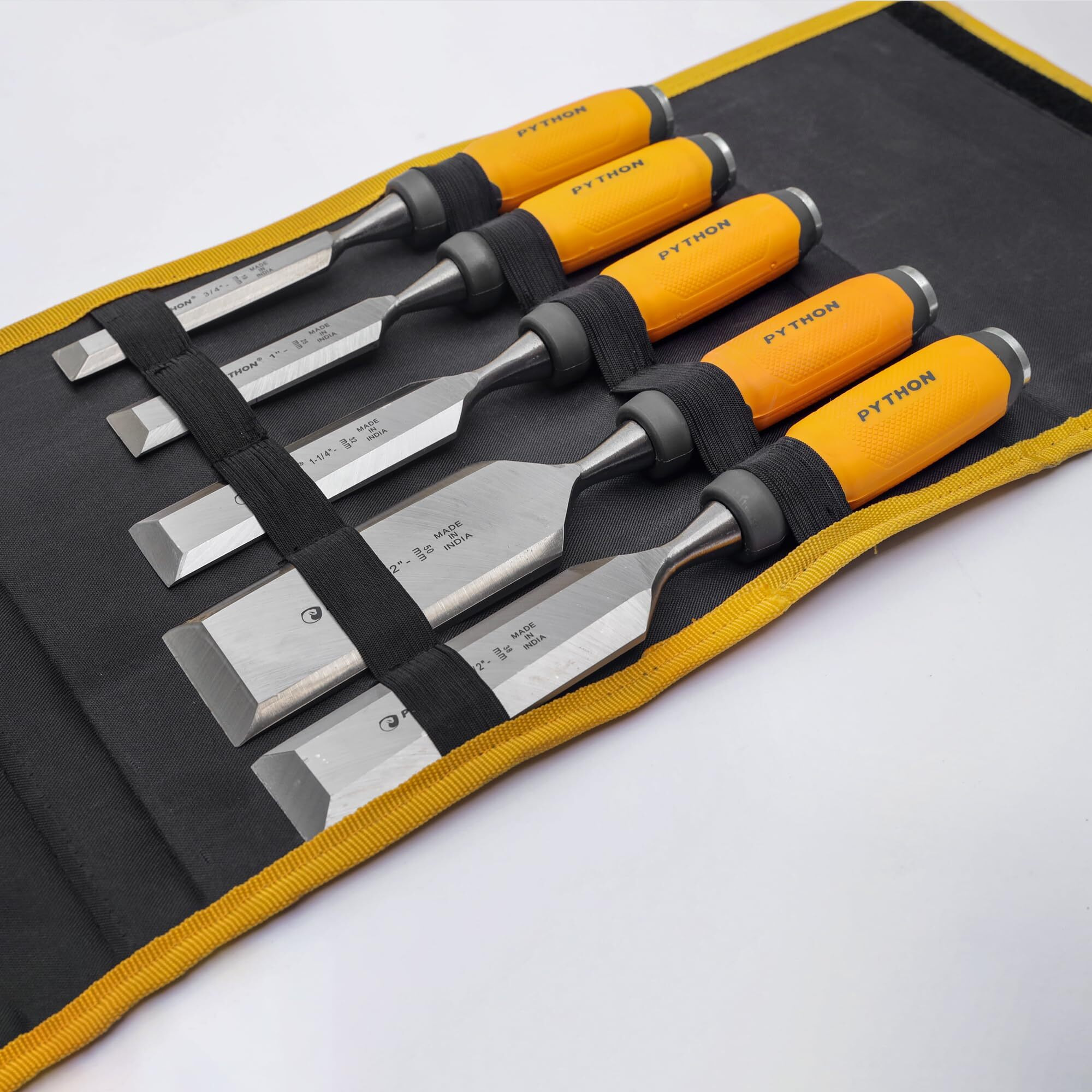 Python Pro 5-Piece Roll Pouch Wood Chisel Carving Carpenter Set (12Mm, 19Mm, 25Mm, 32Mm, 38Mm) Alongwith Sharpening Stone.