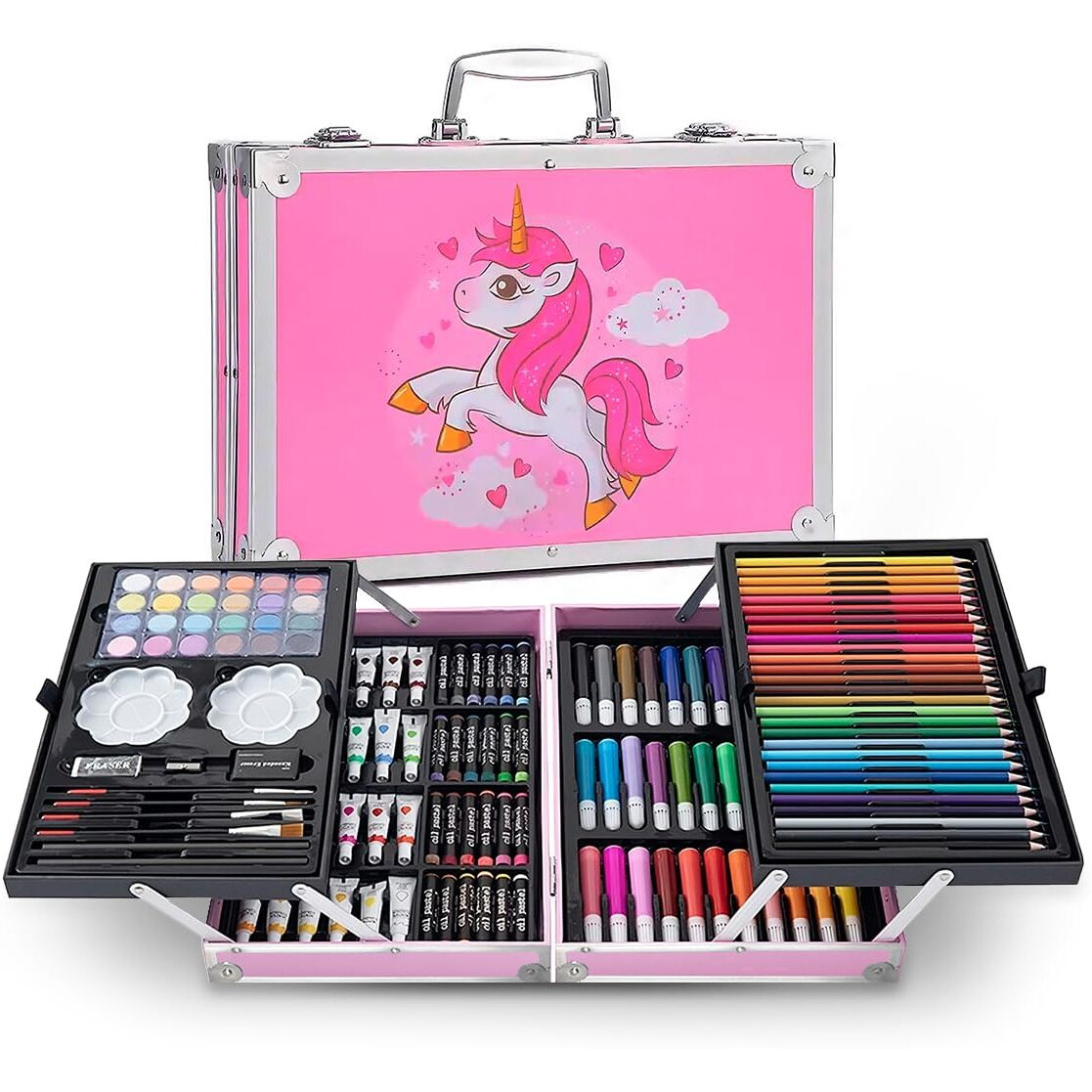 Raganet, Professional Art Set With 145 Pieces, Drawing Set With Feathers, Colors, Paints, Aquarelles And Crayolas, Painting Kit With Portable Organizer Case In Pink Briefcase Shape