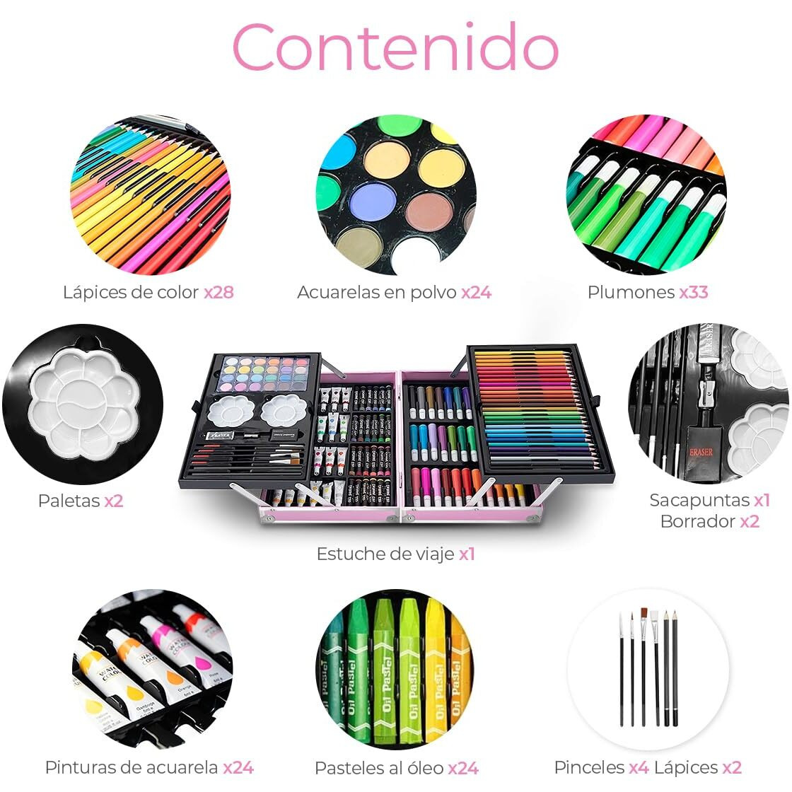 Raganet, Professional Art Set With 145 Pieces, Drawing Set With Feathers, Colors, Paints, Aquarelles And Crayolas, Painting Kit With Portable Organizer Case In Pink Briefcase Shape