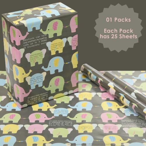 Evince Elephant Wrapping Papers For Kids Birthday Gifts | Value Pack - 25 Sheets For Return Gifts Theme Dcor | Neutral Pattern For Christmas Diwali Rakshabandhan Gifting Ideas For Boys And Girls
