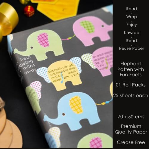 Evince Elephant Wrapping Papers For Kids Birthday Gifts | Value Pack - 25 Sheets For Return Gifts Theme Dcor | Neutral Pattern For Christmas Diwali Rakshabandhan Gifting Ideas For Boys And Girls