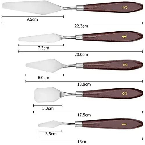 Artright Set Of 5 Painting Knives For Art (Sizes - 1, 2, 3, 4 & 5) Stainless Steel Scraper Painting Spatula Polished Brown Handle For Artist Canvas Oil Paint Color Mixing