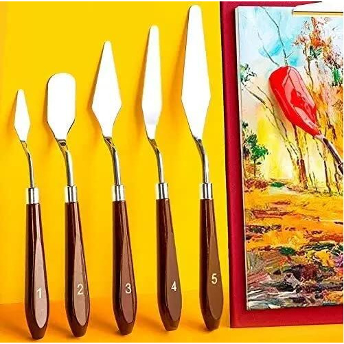 Artright Set Of 5 Painting Knives For Art (Sizes - 1, 2, 3, 4 & 5) Stainless Steel Scraper Painting Spatula Polished Brown Handle For Artist Canvas Oil Paint Color Mixing