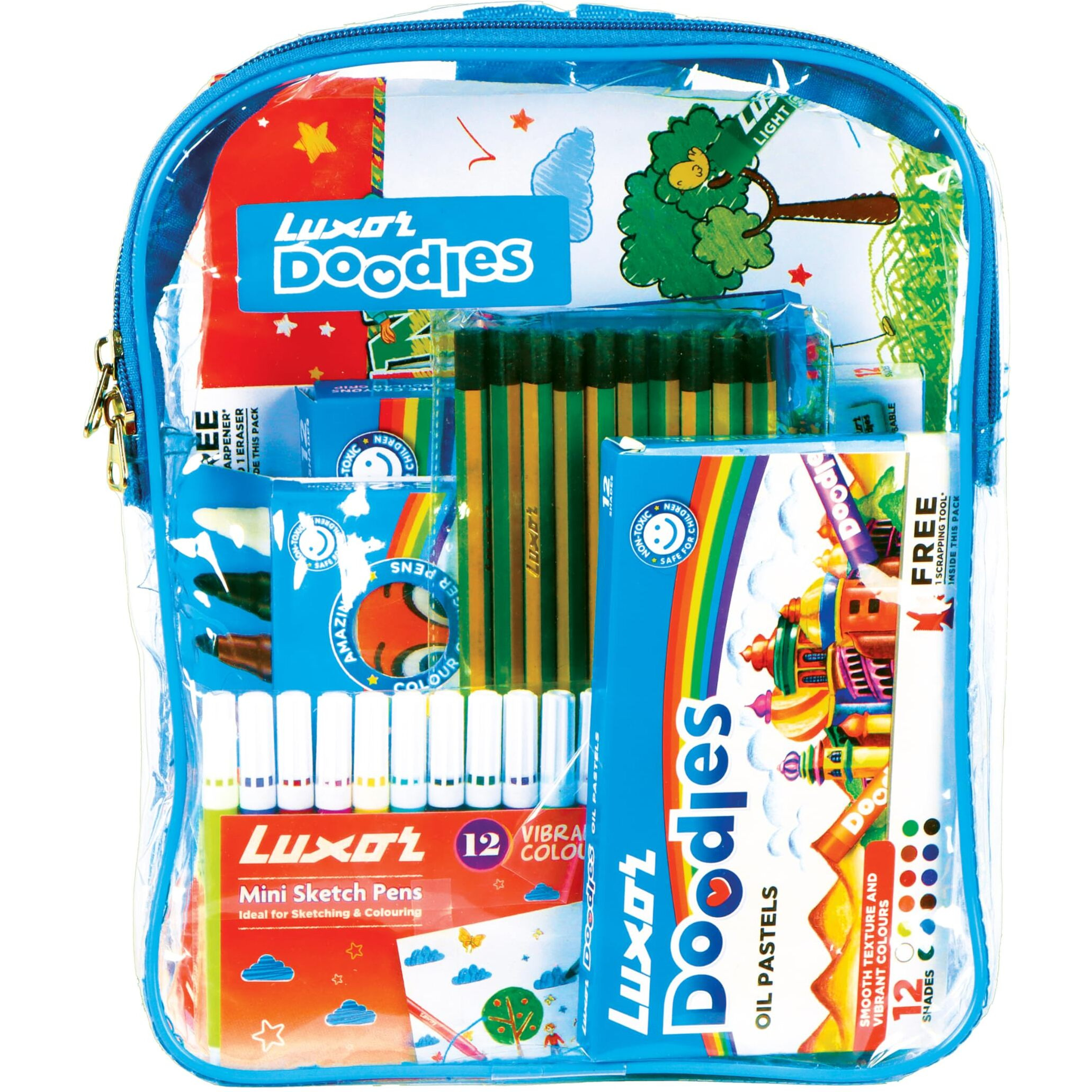 Luxor Doodles Budding Artist Kit For Kids - Drawing Book, Non-Toxic Plastic Crayons, Oil Pastels, Mini Sketch Pens, Washable Magic Colours, Pencils & Erasers, Best Choice For Budding Artists