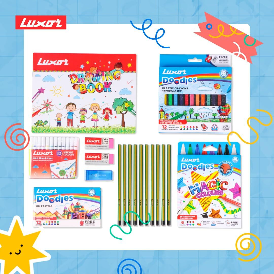 Luxor Doodles Budding Artist Kit For Kids - Drawing Book, Non-Toxic Plastic Crayons, Oil Pastels, Mini Sketch Pens, Washable Magic Colours, Pencils & Erasers, Best Choice For Budding Artists